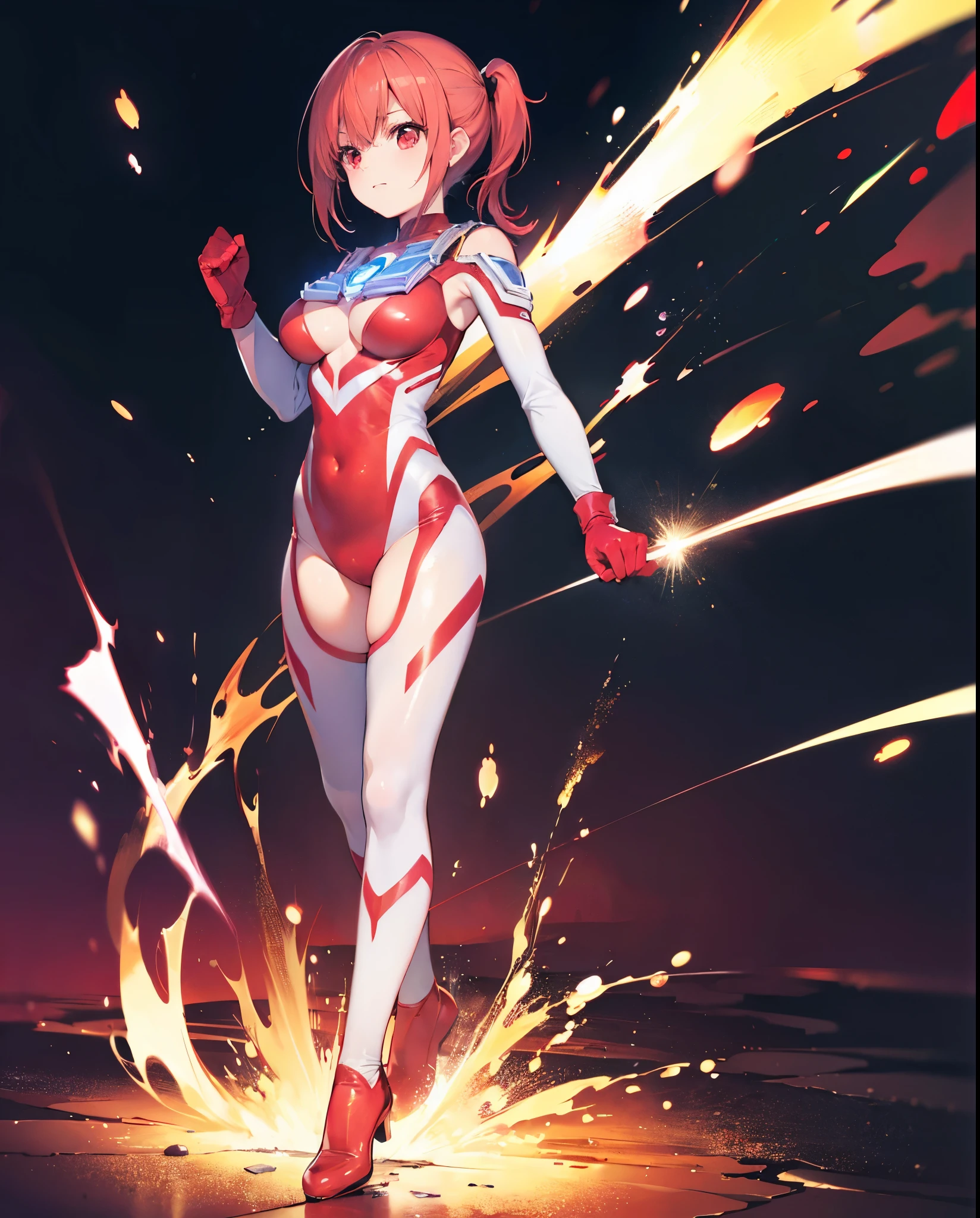 Realistic,highest quality, Ultra Detail, High-quality CG rendering, The most delicate and beautiful, Floating softly, High resolution, (1 girl), (Highest quality,4K,8K,masterpiece:1.2),(All red hair:1.5), (ponytail:1.5),(Red eyes:1.5), (Ultra Girl:1.0), (Red Ultraman bodysuit:1.4),(Slightly larger breasts:1.5),(Clenched Fist:1.2),(Turn your back to your audience:1.3),Ass(Red gloves:1.3),(Red Shoes:1.3) ,(whole body:1.3)