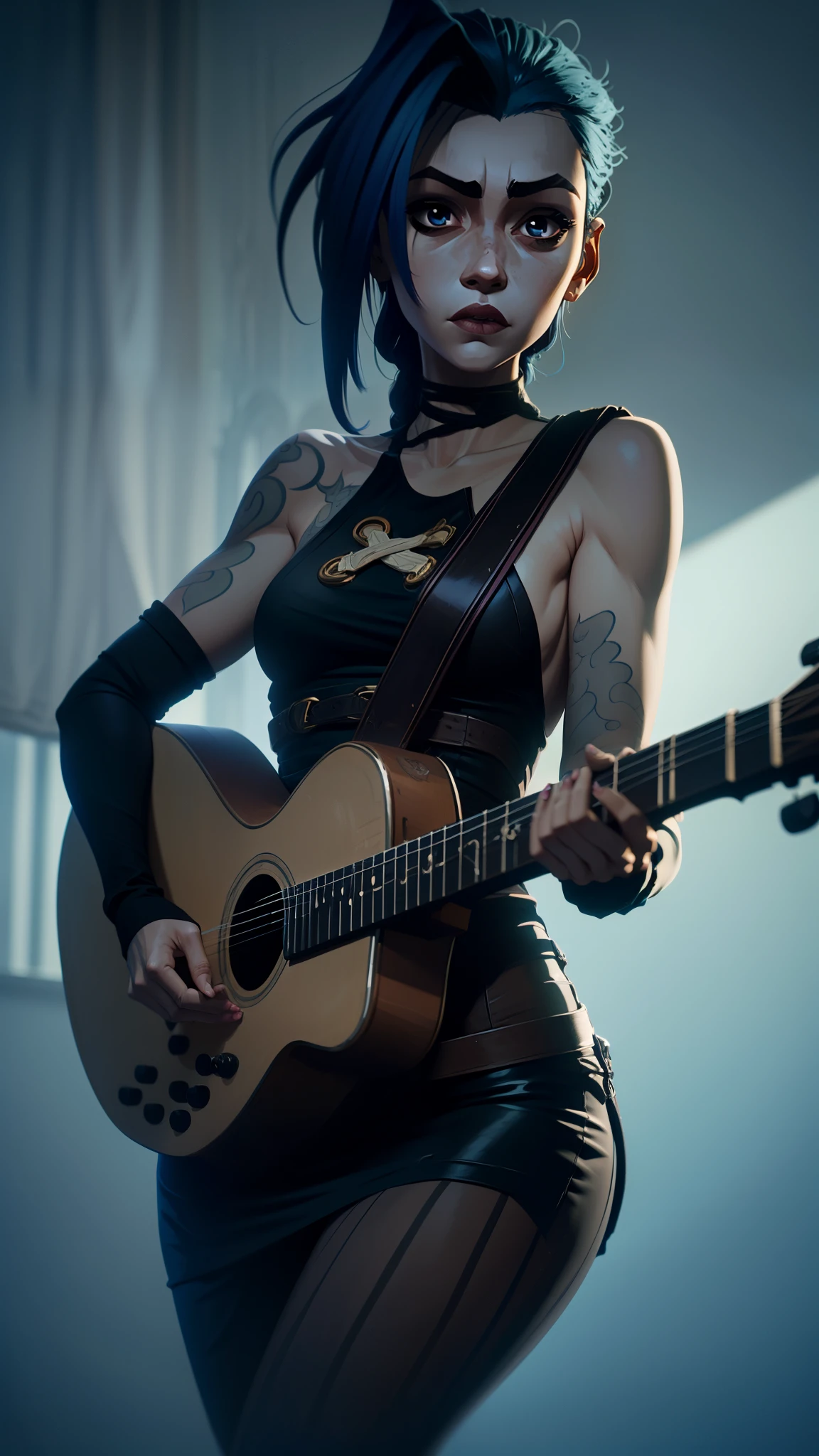 jinx playing guitar, Sharp focus, arte animado, Vibrante, cara detallada, Detalles de Hugh, Sharp focus, very droopy face, Un ojo detallado, super fine illustration, mejor sombra, finamente detalle, Hermoso detallado glow, Hermoso detallado, extremadamente detallado, inexpresivo, epic composition, Presentado en artstation, renderizado de octanaje, art station hd, cinematographic, 4 mil., hipermaximalista, elegante