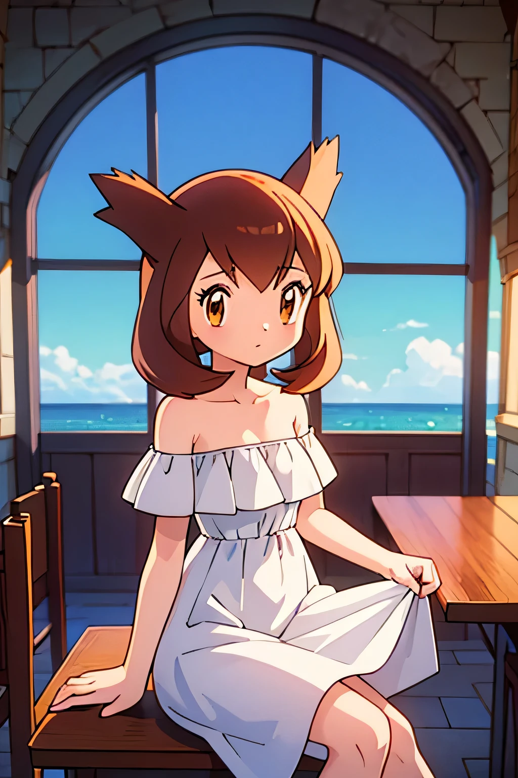 masterpiece, best quality, ultra-detailed, illustration, beautiful detailed eyes, very detailed illustration, cinematic lighting, 1 girl, solo, Pokemon Heroes (Bianca), Brown Hair, brown eyes, bare shoulders, strapless, off shoulders, white ruffle off the shoulder top, white maxi dress, intricate details, sharp focus, high resolution, sitting on a windowsill, The window has an arched top and is divided into panes, with one side partially open, revealing a view of ocean and the beach view. anime style, ultra-detailed, hdr, far at the bottom, in the center, Close up