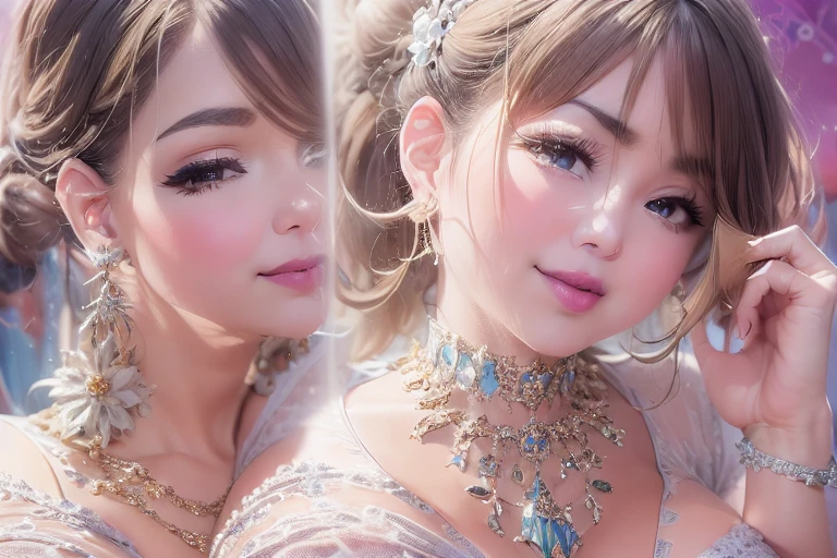 50 year old mature woman, Looking at the audience, Attractive breasts,Sensual curves、bubble、Full Body Shot,Nightgown, Charming smile, Thick lips, plump唇, blush, Looking at the audience, Provocative expression, Beautiful Hairstyles, Cleavage, plump、Curvy Hips、Attractive face、Mischievous face、Sexy Lingerie、An inviting gaze、Expressing emotions、colored feather, Money属装飾品, particle, Light, (masterpiece, highest quality, highest quality, Official Art, beautifully、aesthetic:1.2), (1 girl:1.3), Very detailed,(Fractal Art:1.1),(colorful:1.1)(flowerズ:1.3),Most detailed, (Dynamic pose), (Shiny skin), (Many colors :1.4), ,(Earrings:1.4), (feather:1.4),masterpiece, 30~40 years, Mr.々Hair style,Moneyのヘッドバンド,Tulle covers the chest,Perfect balance, Detailed details of the garment,marble,cinematicLighting, Film Grain, contrast of Light and dark,High detail,(((Gorgeous Accessories))))、Openwork decoration,(((See-through dress)))、(((Anatomically correct body))) ,1 girl, (High resolution), (8k), (Very detailed), Perfect Face, Beautiful eyes and face, (((highest quality))), (Very detailed), Detailed face and eyes, Beautiful Eyes,(((Sexy pose,Beautiful Eyes、Transparent double eyelids、(((Super gorgeous background)))、Bright Eyes,Money,diamond,gem,Body Chain,Luxury Accessories,beautifully、aesthetic,flower、(((Super gorgeous background)))、Bright Eyes