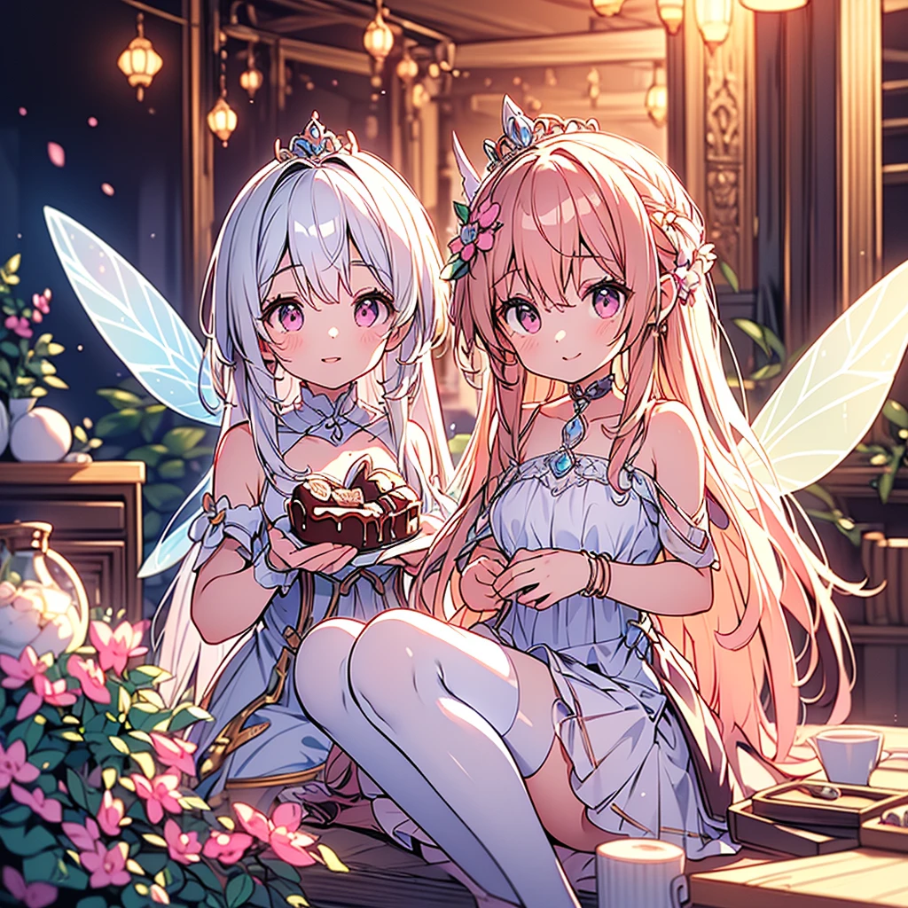 (Exquisite, beautiful, Very detailed, masterpiece, High resolution,high quality,High resolution),(Well-formed face,Soft and thin lines: 1.2, beautiful, Delicate and vivid illustrations with a mature and clear feel), Lots of beautiful and delicious looking chocolates,A chocolate-winged fairy is floating in the air holding a large silver fork with a Happy smile on his face,Chocolate motif ball gown dress, Race, Ruffles and ribbons, fluffy, Black and white tones on a dark brown base.,Chocolate Tiara,neckRace,Earrings,bRacelet,chocolate fairy wings,(Short eyebrows,Pale pink blush, Plump pink lips,beautiful瞳,かなり大きくてfluffyバスト,Open chest,Fair skin, Good style,Knee-high with Race,),Happy,smile,Melted chocolate,Chocolate cake,truffle chocolate,chocolate bar,Pocky,chocolate cookies,Bright colors,Eye-catching colors,Dynamic Angle,Cute Dream,