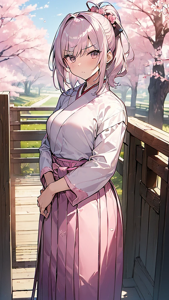(Masterpiece, Top quality: 1.5) , 1 Japan sword:1.3, (Taking a stance for Iaijutsu:1.3), 1 beautiful girl, solo, silver hair,  (pink hakama :1.3), medium hair, wave hair, (junior high school student:1.2), medium breasts, standard weight, (angry), Beautiful scene of cherry blossom trees, magnificent panorama view, SakuraFubuki:1.2