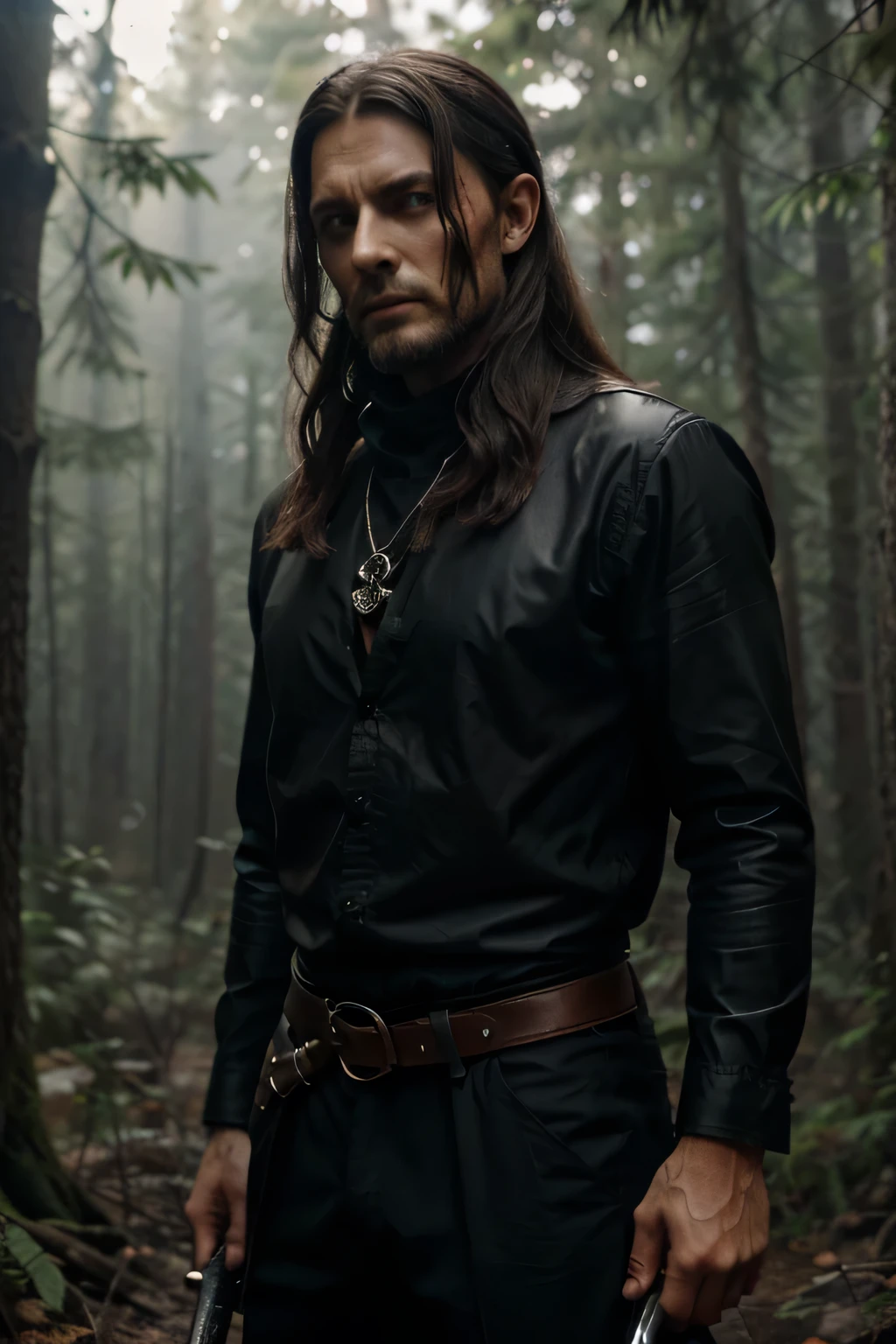 Por favor, create an illustration of the Folther Berethryl Bridger character based on the following details with full-body perspective.
Face and Expression:
Baseie o rosto no ator Mads Mikkelsen. He must have a serene and slightly haughty expression, with aristocratic and half-elven features (orelhas levemente pontudas).
Cabelo liso e escuro, combed back.
Traje e Equipamentos:
Macabre Chains of Preservation: Involving part of your arms and body, chains must have a dark and menacing design, with runic inscriptions that glow with a faint necrotic glow.
Blade of Bloody Shadows: A black blade with red accents and a handle carved in the shape of a skull skull. The blade should emit a dark aura.
Bolsa de Equipamentos: A pouch on the belt that contains groceries, hunting knife, corda, Water, citrus fruits, e uma pequena bolsa lateral para pergaminhos e o Mapa Mundi.
Magic Automatic Crossbow: Presa nas costas, com um design elegante e um brilho sombrio.
Colar da Guilda: An Earth Kingdom Guild identification necklace/Nature on the neck.
Anel Preto e Vermelho: Um anel preto com detalhes vermelhos no dedo, shining with necromantic magic.
General appearance:
Postura confiante e altiva.
Practical, form-fitting clothing in dark tones, permitindo liberdade de movimento e furtividade.
Sapatos de couro leve e silencioso.
Pequenos detalhes adicionais, how to magic channeling tattoos (branding) and skulls from Death Valley hanging from the belt.
Ambiente:
Place Folther in a setting that resembles a natural environment, like a dark forest or a clearing at night, highlighting its connection to nature and the mystery of necromancy.