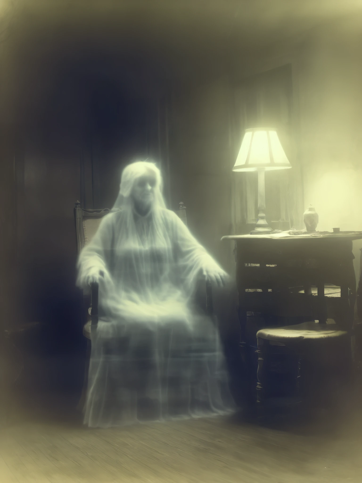 the ghost of an old woman sits in a chair,