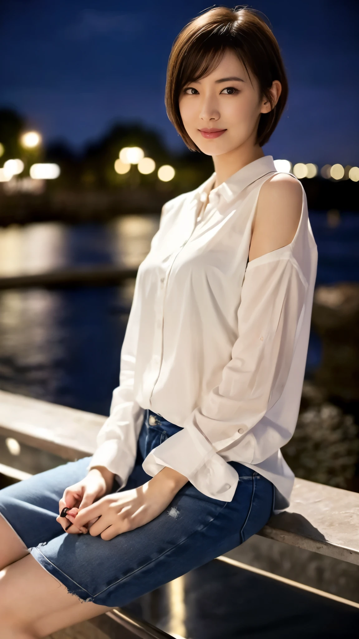 (8k, highest quality, masterpiece:1.2), (Realistic, photo-Realistic:1.37), Super detailed,((( 1 girl))),alone,Beautifully detailed skies,Detailed cafe,night,Sitting,Date,(Red nose),(smile:1.15),(Mouth closed) Small breasts,Beautiful fine details,(shirt:1.1), night, Wet, rain,White lace, (short hair:1.2),Floating hair NovaFrogStyle, ((whole body)),stand, sexy, cute