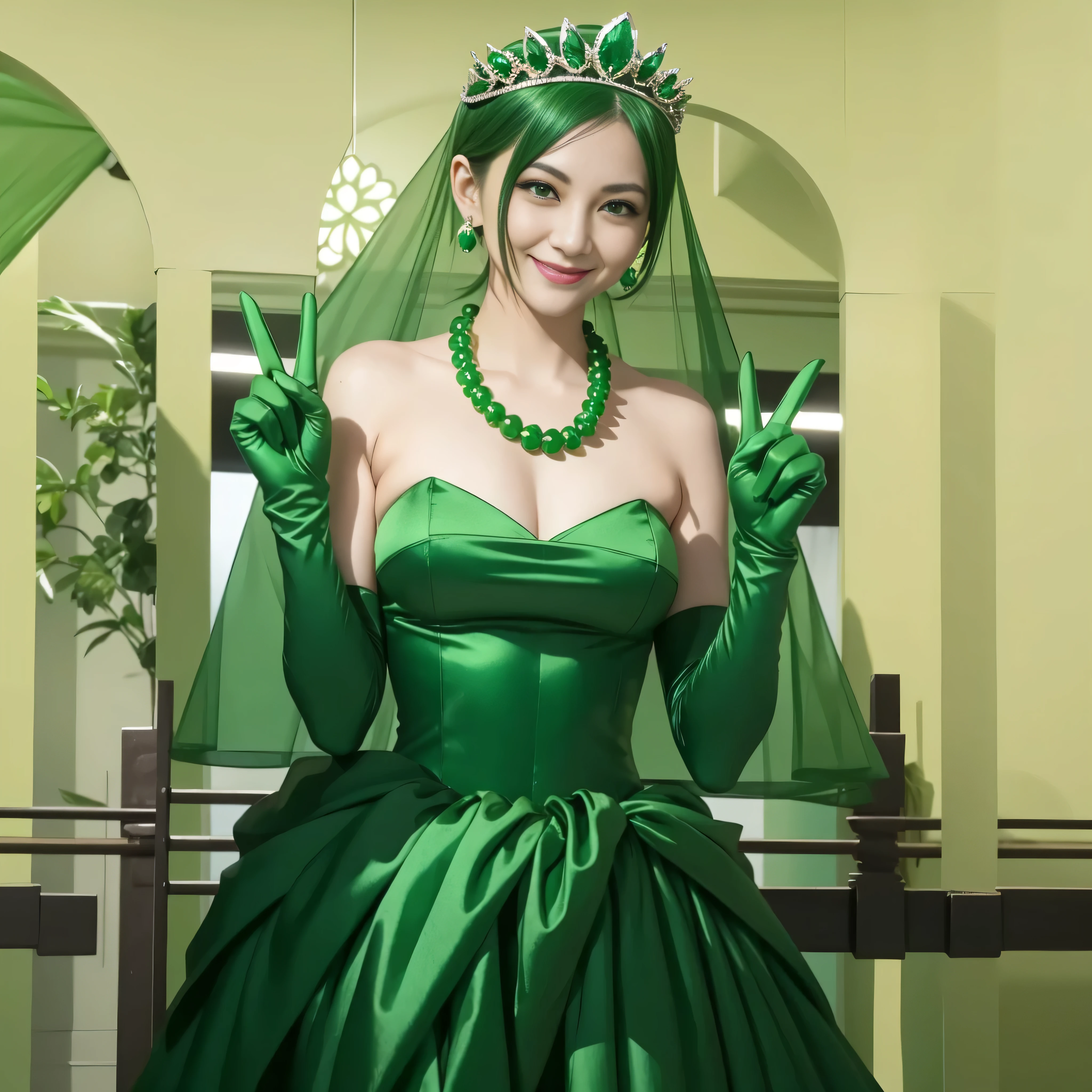 Emerald tiara, Green Pearl Necklace, Boyish very short green hair, lipstick, Smiling Japanese woman, Very short hair, Big and beautiful, Green Eyes, Long green satin gloves, Green Eyes, V sign, Emerald Earrings, Green veil, peace sign
