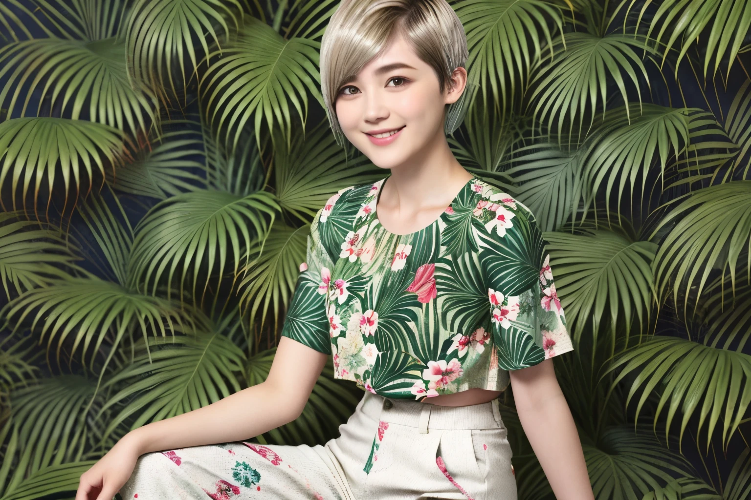 231 (18-year-old female,Floral clothes), ((short hair:1.46)), (Pants Style), (A kind smile), (Jungle Pattern)