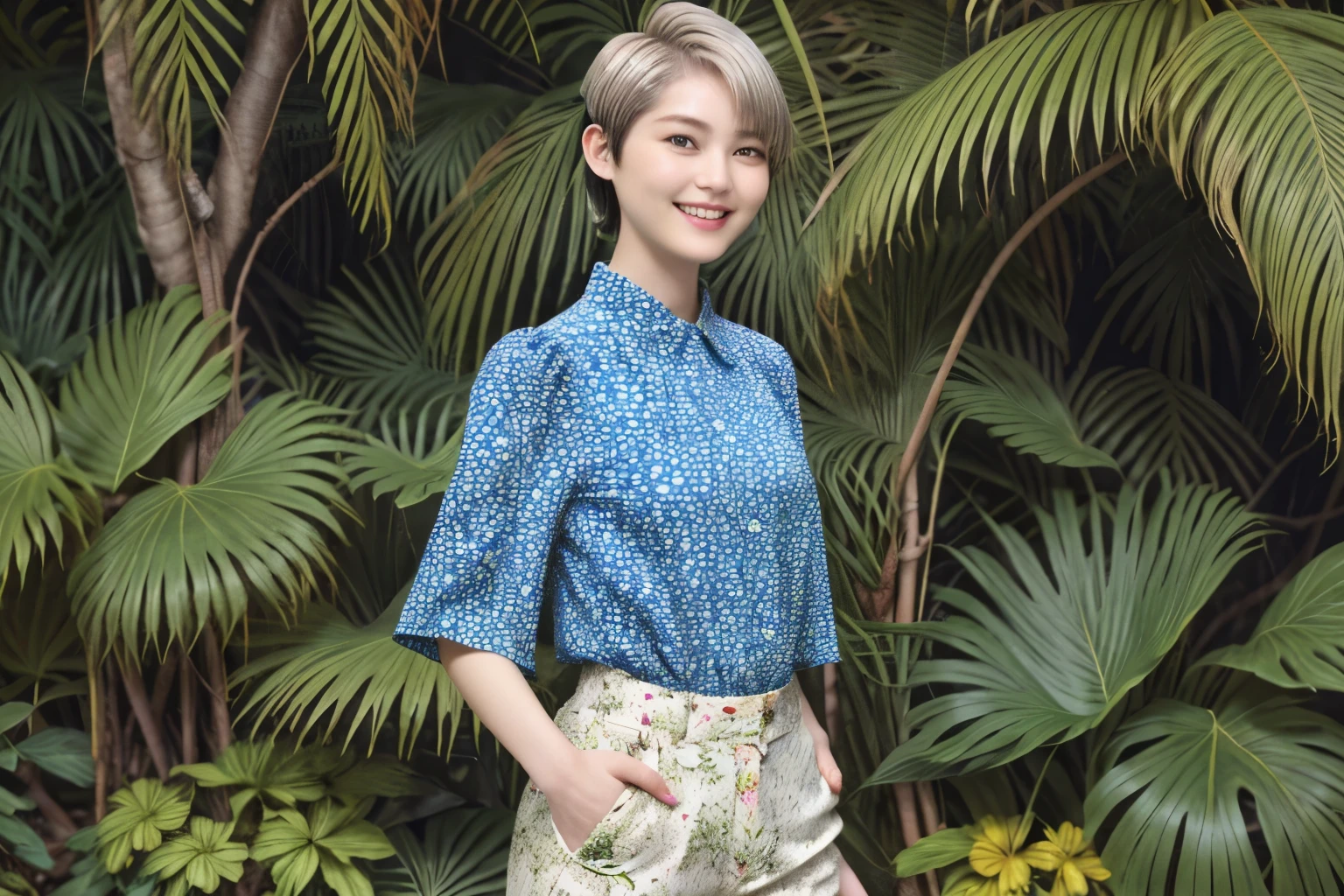 231 (18-year-old female,Floral clothes), ((short hair:1.46)), (Pants Style), (A kind smile), (Jungle Pattern)