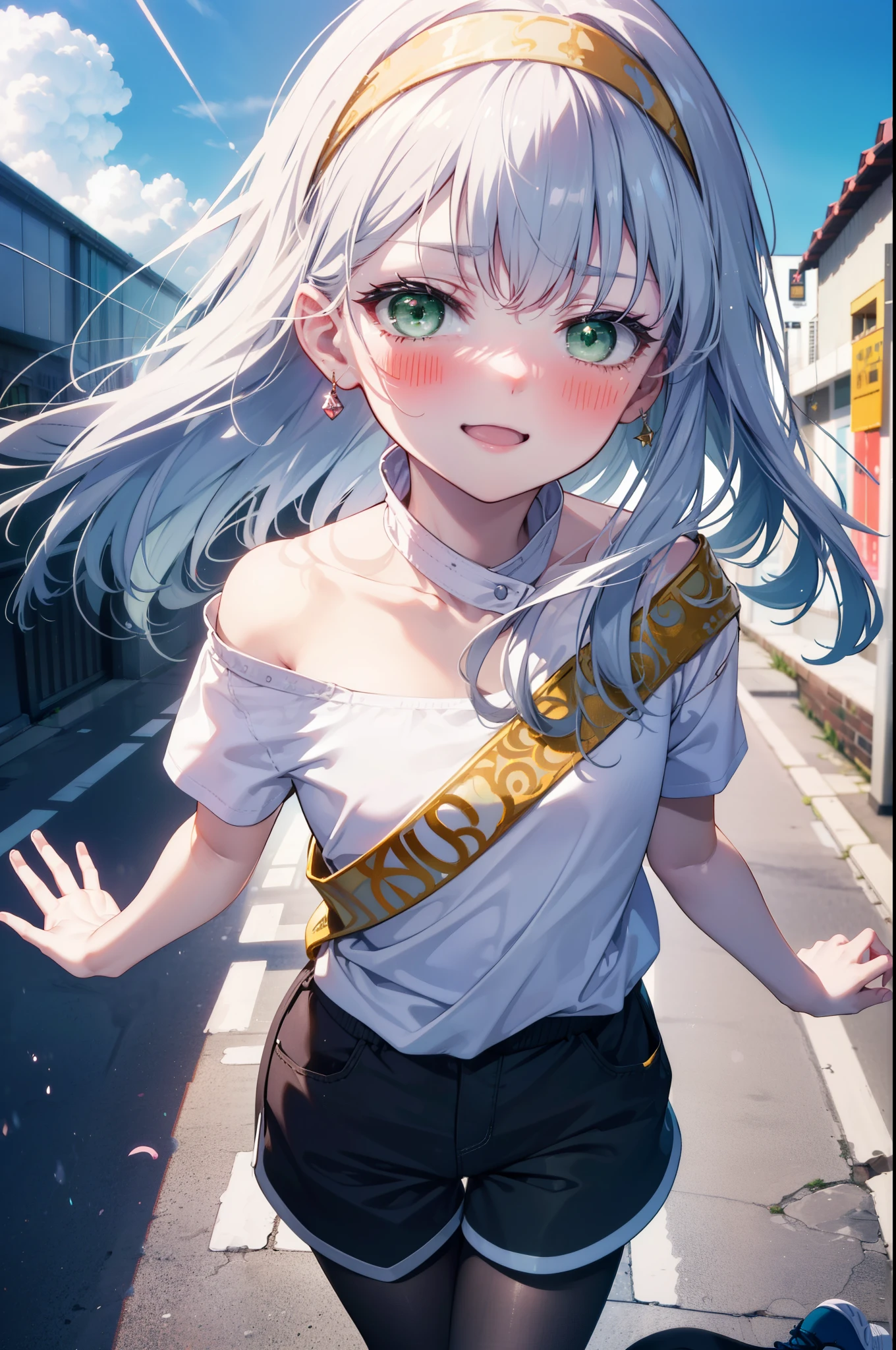 index, index, (Green Eyes:1.5), Silver Hair, Long Hair, (Flat Chest:1.2),happy smile, smile, Open your mouth,blush,hair band,Cordo shoulder top,Short sleeve,Shorts,Black tights,High-top sneakers,Daytime,Clear skies,whole bodyがイラストに入るように,Walking,
break looking at viewer, whole body,
break outdoors, In town,Building district,
break (masterpiece:1.2), highest quality, High resolution, unity 8k wallpaper, (figure:0.8), (Beautiful fine details:1.6), Highly detailed face, Perfect lighting, Highly detailed CG, (Perfect hands, Perfect ???????),