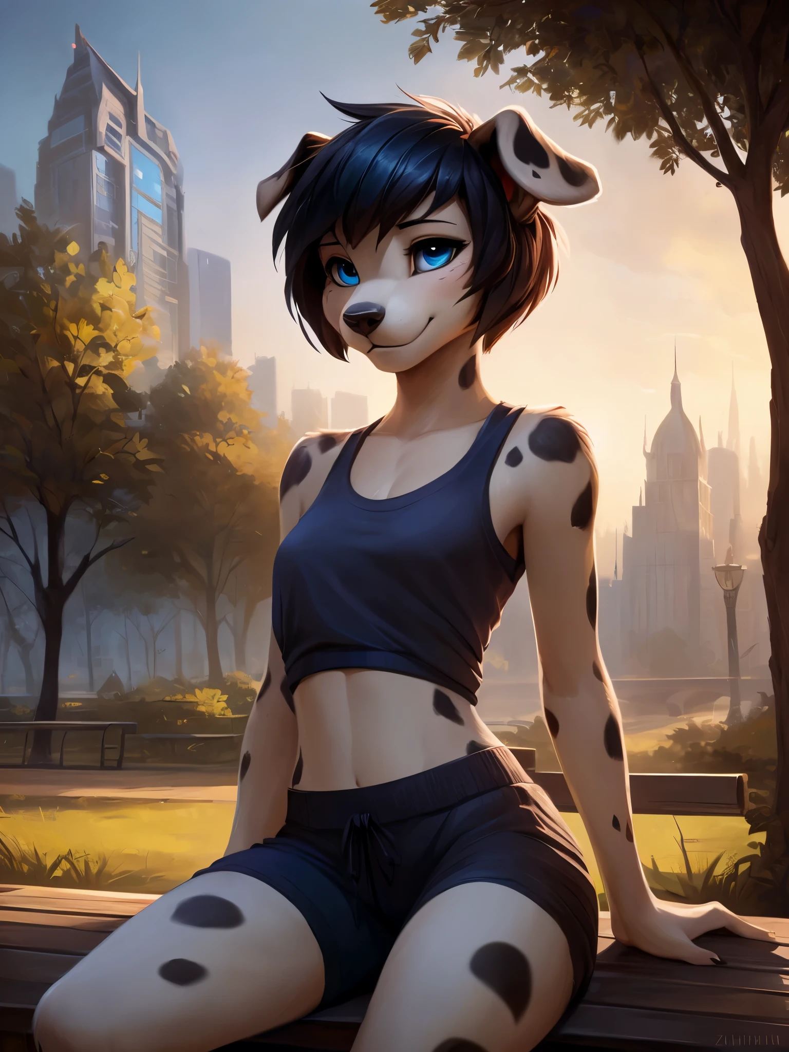 uploaded on e621,by hioshiru, by zaush, by Einshelm, solo anthro, ((Portrait)), BREAK, (detailed Bonifasko lighting), Nature Goddess, (Detailed fur), (detailed skin), BREAK, (Cinematic lighting), ((Detailed background)), (half body shadow), [Backlighting], [crepuscular ray], [Detailed ambient light], [gray natural lighting], [ambient light on the belly], (higher wildlife feral detail), [explict content], [sharp-focus], (Questionable content), (shaded), ((Masterpiece), furry fantasy art, anthro art, commission for high res, Furry art, Masterpiece, Best Quality, Detailed image, Bright colors, Detailed Face, perfect lighting, Perfect shadows, Perfect eyes, focus on girl, gorgeous body, Hourglass body, black and white skin, two toned markings, spots, 1girl, full body, (Masterpiece:1.2), (Best Quality:1.2), (illustartion:1.2), (Cinematic lighting:1.3), Detailed skin, Balanced coloring, Global Illumination, Ray Tracing, good lighting, female, ((dalmation)), (canine), anthro, showing hips, attractive body, sexy body, thick-thighs, Suggestive Pose, realistic hands, city park, walking on park path, modern city, small breasts, skinny, digitigrade legs, paws, full body portrait, ((thin tail)), short fur, shy, blushing, (floppy ears), folded over ears, dark hair, black ears, running shorts, (pink tank top), ((pixie cut hair)), blue eyes, sitting on park bench