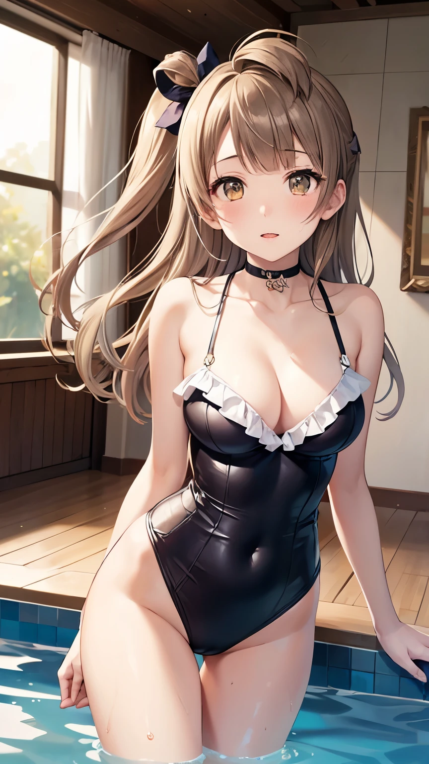 1girl, solo, Minami Kotori, One side up, Hair Ribbon, masterpiece, top quality, high resolution, unity 8k wall paper, illustration, detailed eyes, extra detailed face, Highly detailed CG, glossy lips, light makeup, blush, frilly swimsuit, collarbone, indoor pool