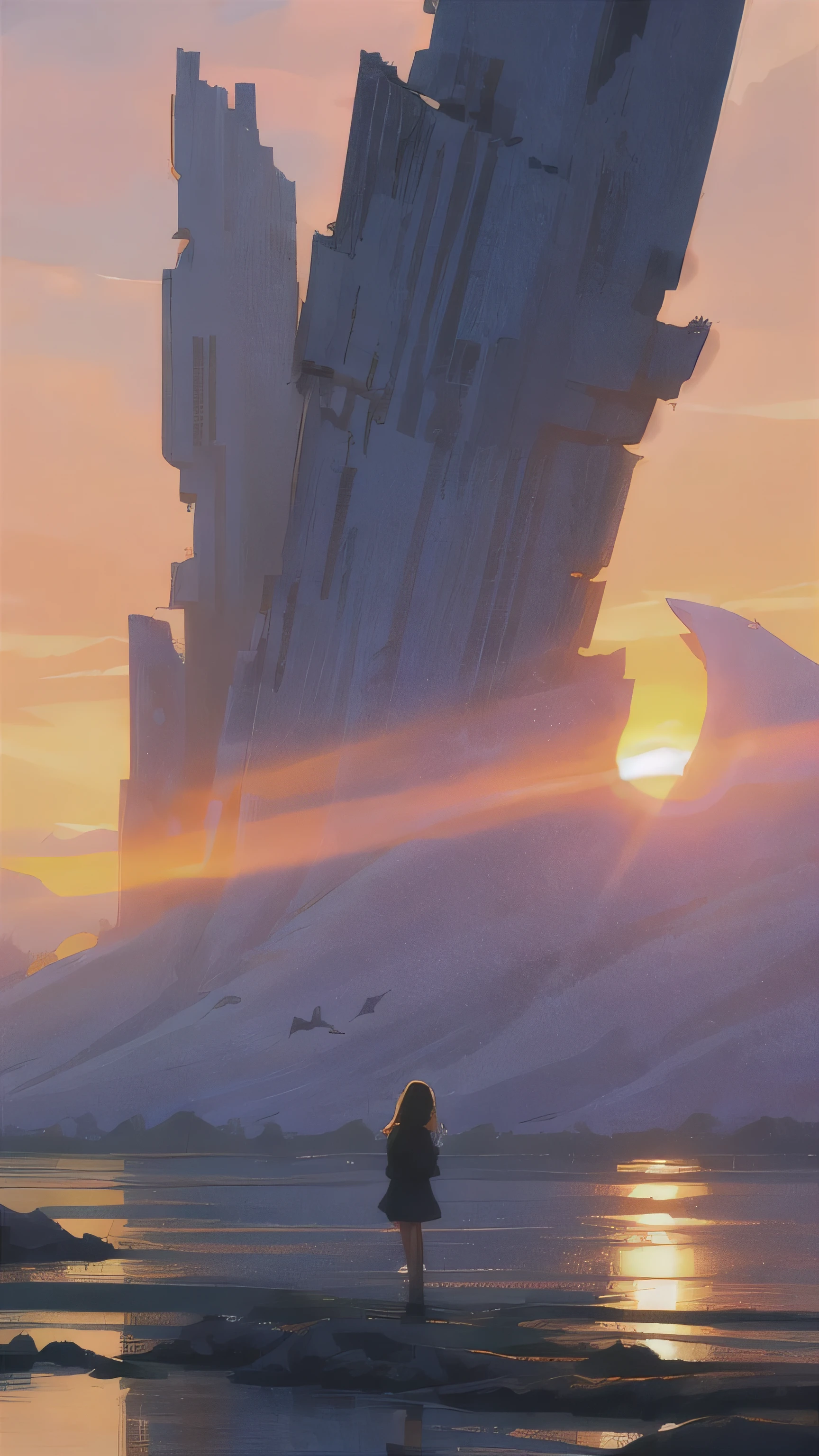 1girl siluet, landscape, masterpiece,gorgeous,  horizont, sunset,magic, detailed clothes, artistic, purple, dust, mountain, best quality, ((no_humans)), colorful, reflections, fog, birds, deailed,intricate, nature, ancient, beasts, flowers,