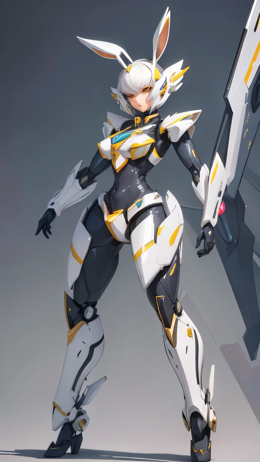 best quality, super fine, 16k, incredibly absurdres, extremely detailed, delicate and dynamic, beautiful streamlined female mecha that cosplays as a rabbit, messy short hair