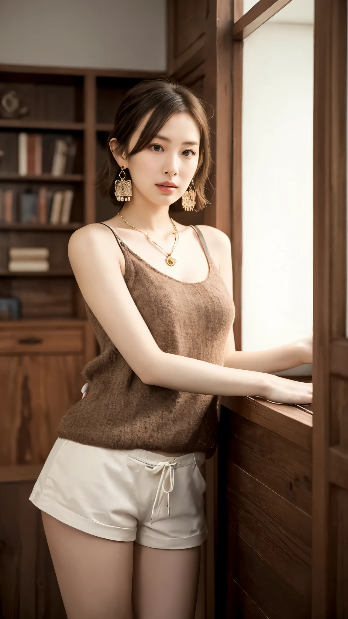 (masterpiece:1.3), (highest quality:1.3),indoor,Bookshelf,window,alone,One girl, I have traveled_stout, Upper Body, Are standing,Brown hair, Brown eyes, alone, hairclip, Earrings, jewelry, short_hair, white_hat, Have, hair_ornament, Brown_gloves, necklace, short_shorts, x hair ornament, red shorts, Braiding,