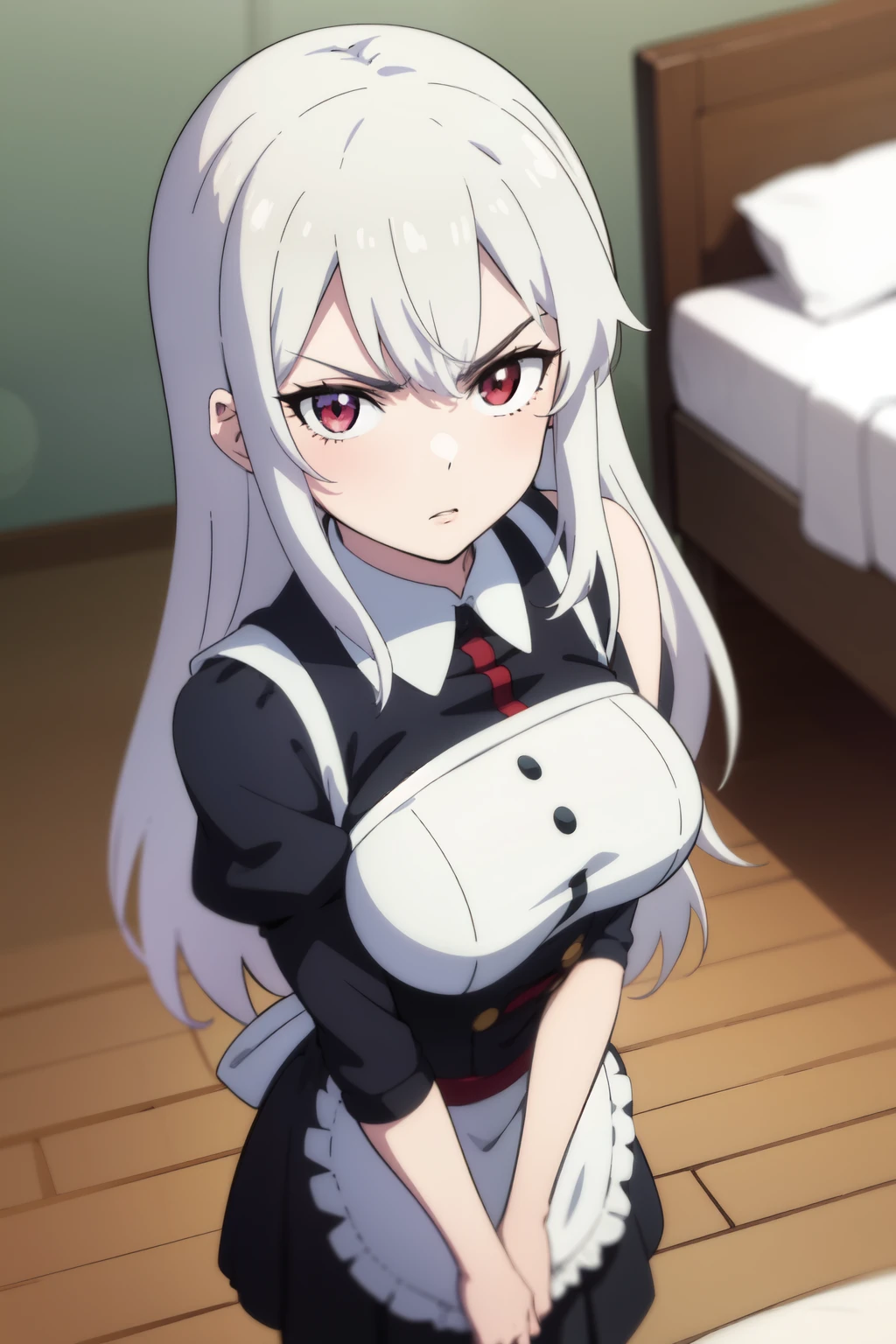 Anime background art, bottom of room, one bed, standing, whole body, beautiful anime scenes, 4K anime art wallpaper, 4k anime art wallpaper, Rosla global illumination, anime girl, 1 girl, 1 man, LORA similar, best quality, detailed, alone, looking at the viewer, mouth closed, angry, definition in the eye, perfect face, lying on a bed, perfect face, perfect hair, long hair, white hair, red eyes, looking at the viewer, very big tits, maid costume.