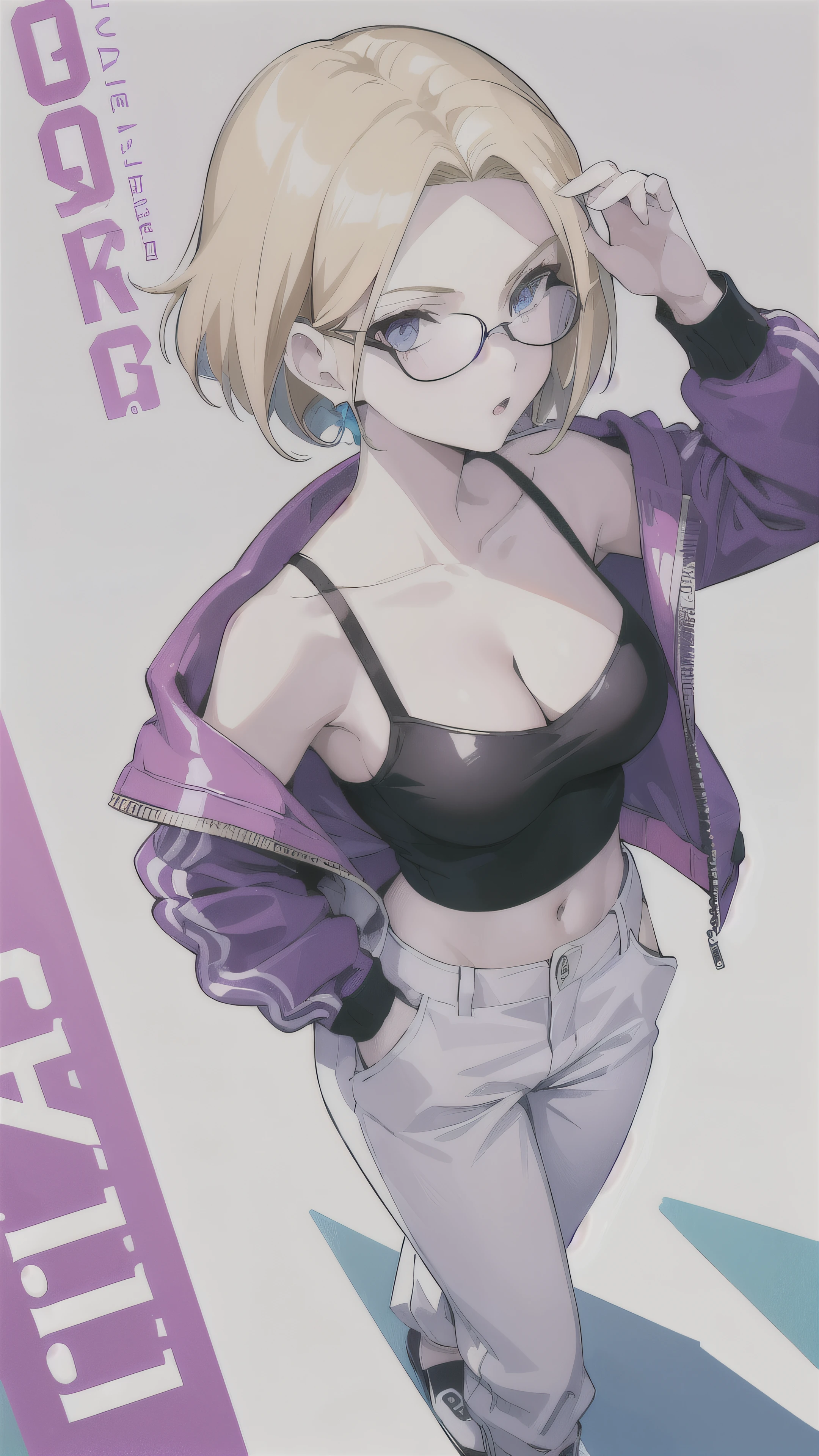 masterpiece,(best quality),(1girl) ,solo, Android 18 from Dragon Ball,(high contrast:1.2),(high saturation:1.2), ((hands on the pocket)),collarbone, cleavage, ((black one-shoulder crop camisole)), off-shoulders track jacket, cropped jacket, midriff-baring, navel, ((white baggy pants)),looking at viewer,((white and light purple theme:1.3)),((white and light purple background:1.5)), small breasts, short blonde hair, blue eyes, (wearing glasses),((walking:1.3)),full body, black footwear,((the light blue water on sky and white cloud and day)),((from above:1.2)),earrings on earlobes, slender feminine figure, narrow waistline, skinny body,
(magazine:1.3), (cover-style:1.3), fashionable, woman, vibrant, outfit, posing, front, colorful, dynamic, background, elements, confident, expression, holding, statement, accessory, majestic, coiled, around, touch, scene, text, cover, bold, attention-grabbing, title, stylish, font, catchy, headline, larger, striking, modern, trendy, focus, fashion,