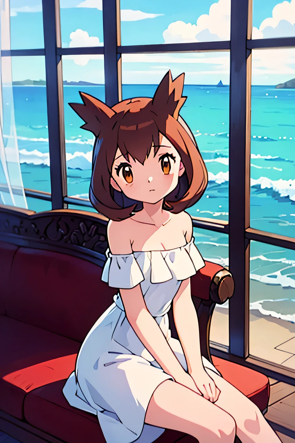 masterpiece, best quality, ultra-detailed, illustration, beautiful detailed eyes, very detailed illustration, cinematic lighting, 1 girl, solo, Pokemon Heroes (Bianca), Brown Hair, brown eyes, bare shoulders, strapless, off shoulders, white ruffle off the shoulder top, white maxi dress, intricate details, sharp focus, high resolution, sitting on a windowsill, The window has an arched top and is divided into panes, with one side partially open, revealing a view of ocean and the beach view. anime style, ultra-detailed, hdr, far at the bottom, in the center, Close up