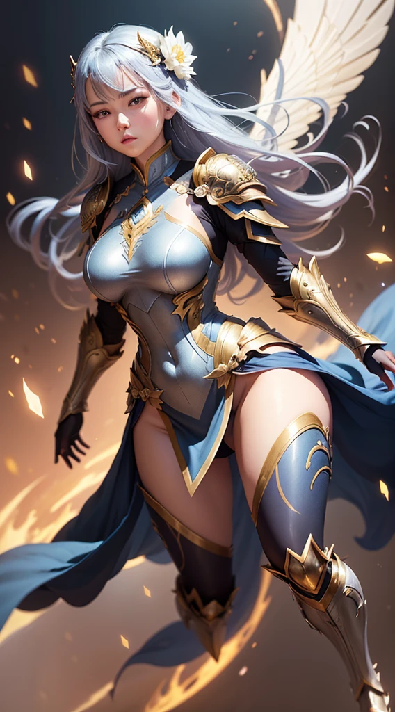 a close up of a woman in a silver and gold blue dress, flying, full body, chengwei pan on artstation, by Yang J, detailed fantasy art, stunning character art, fanart best artstation, epic exquisite character art, beautiful armor, extremely detailed artgerm, detailed digital anime art, artgerm on artstation pixiv, armor girl thigh showing and breast armor