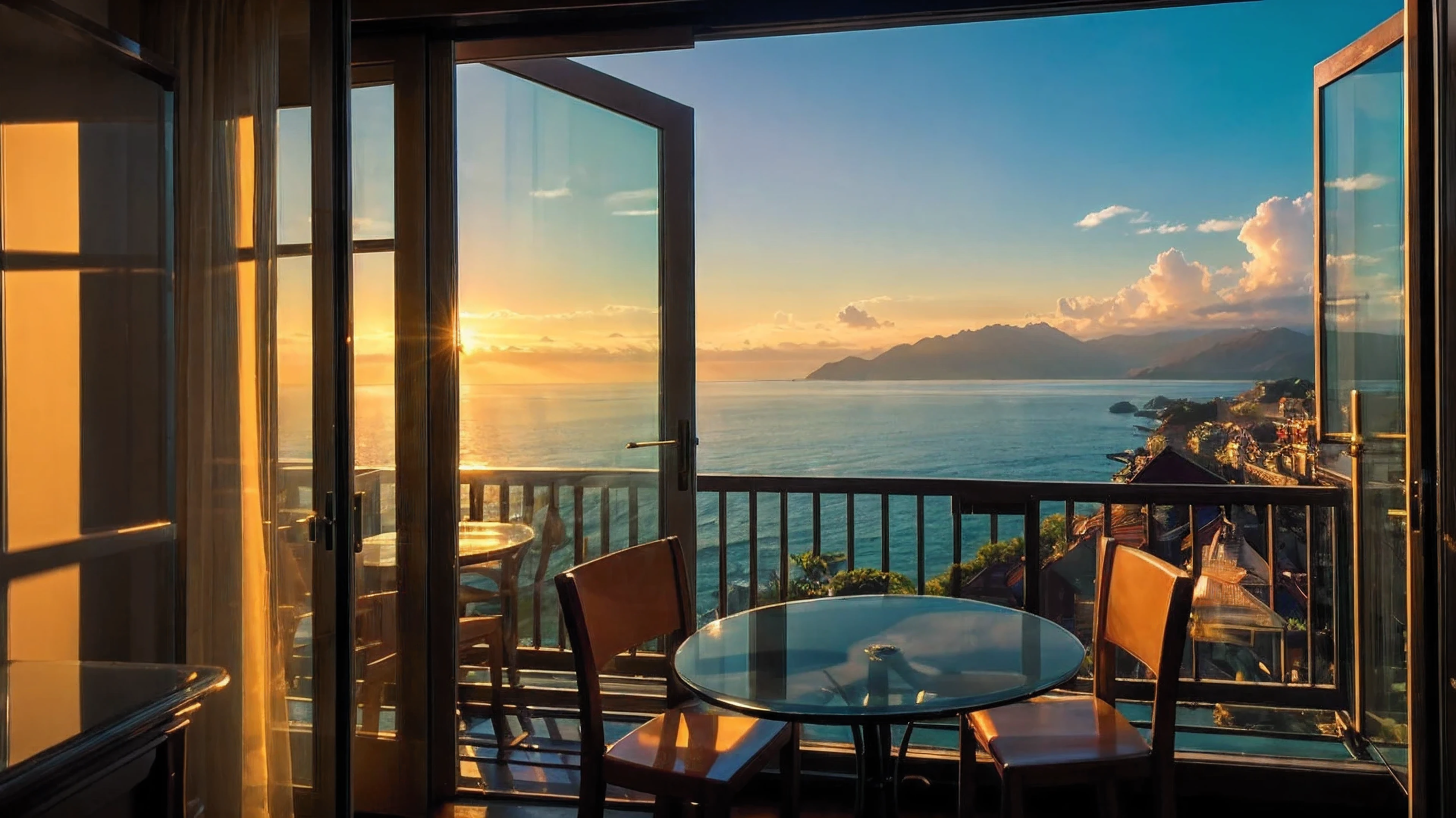 (((masterpiece))) (Surreal) ,View from the balcony of a luxury hotel、Southern Sunny Sea Light coming through the window,Asahi
