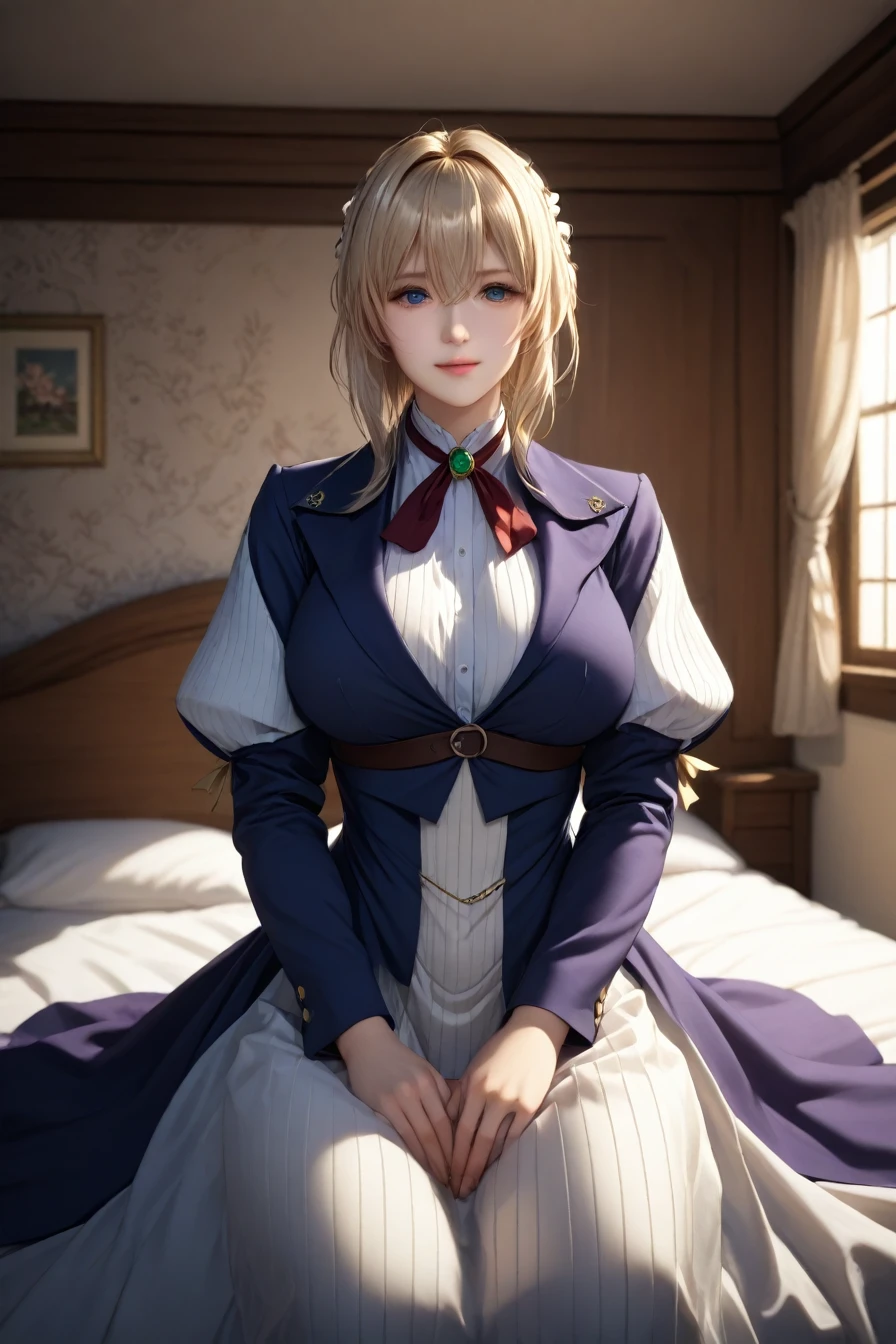 masterpiece, highest quality, (Highly detailed CG synthesis 8k wallpaper), (highest quality), (Best illustrations), (Best Shadow), (Stable Diffusion Model), Violet Evergarden, Sparkling, beautiful, smile, victorian style bedroom, Dynamic Lighting, Depth of written boundary