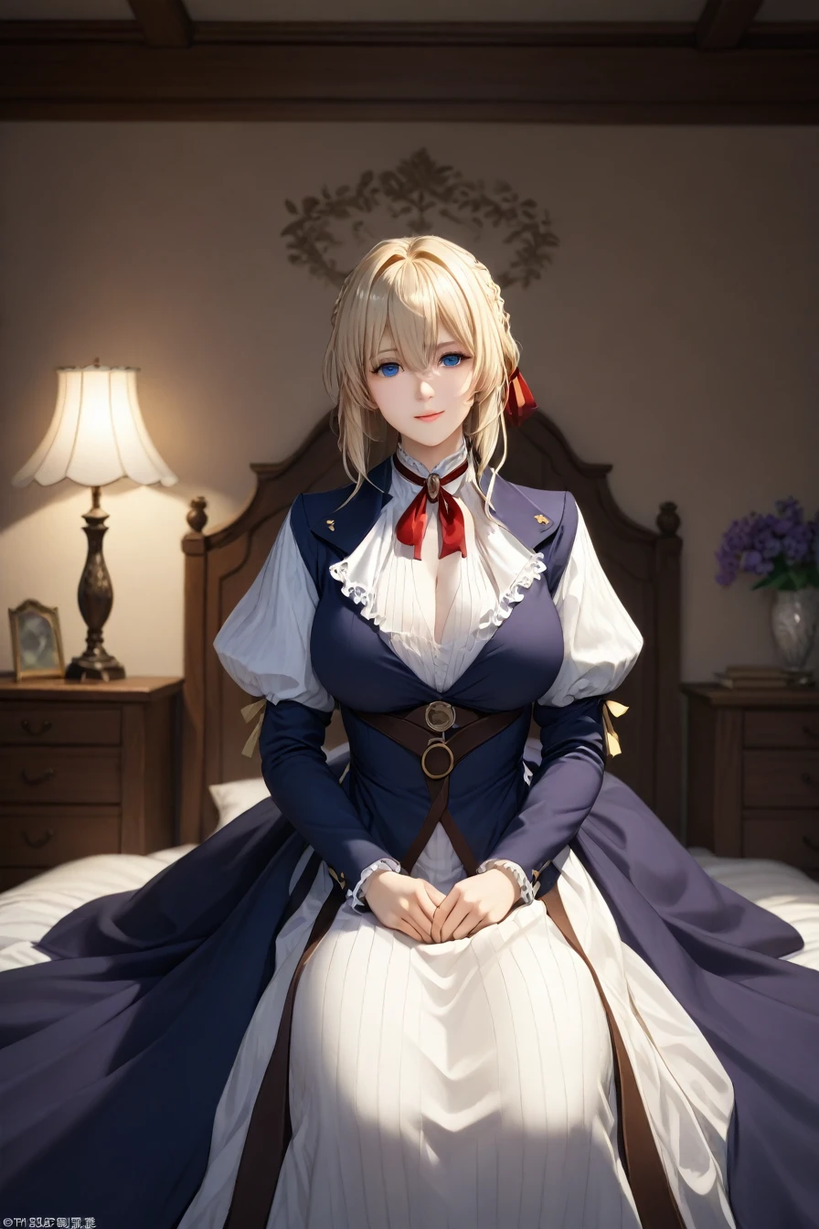 masterpiece, highest quality, (Highly detailed CG synthesis 8k wallpaper), (highest quality), (Best illustrations), (Best Shadow), (Stable Diffusion Model), Violet Evergarden, Sparkling, beautiful, smile, victorian style bedroom, Dynamic Lighting, Depth of written boundary