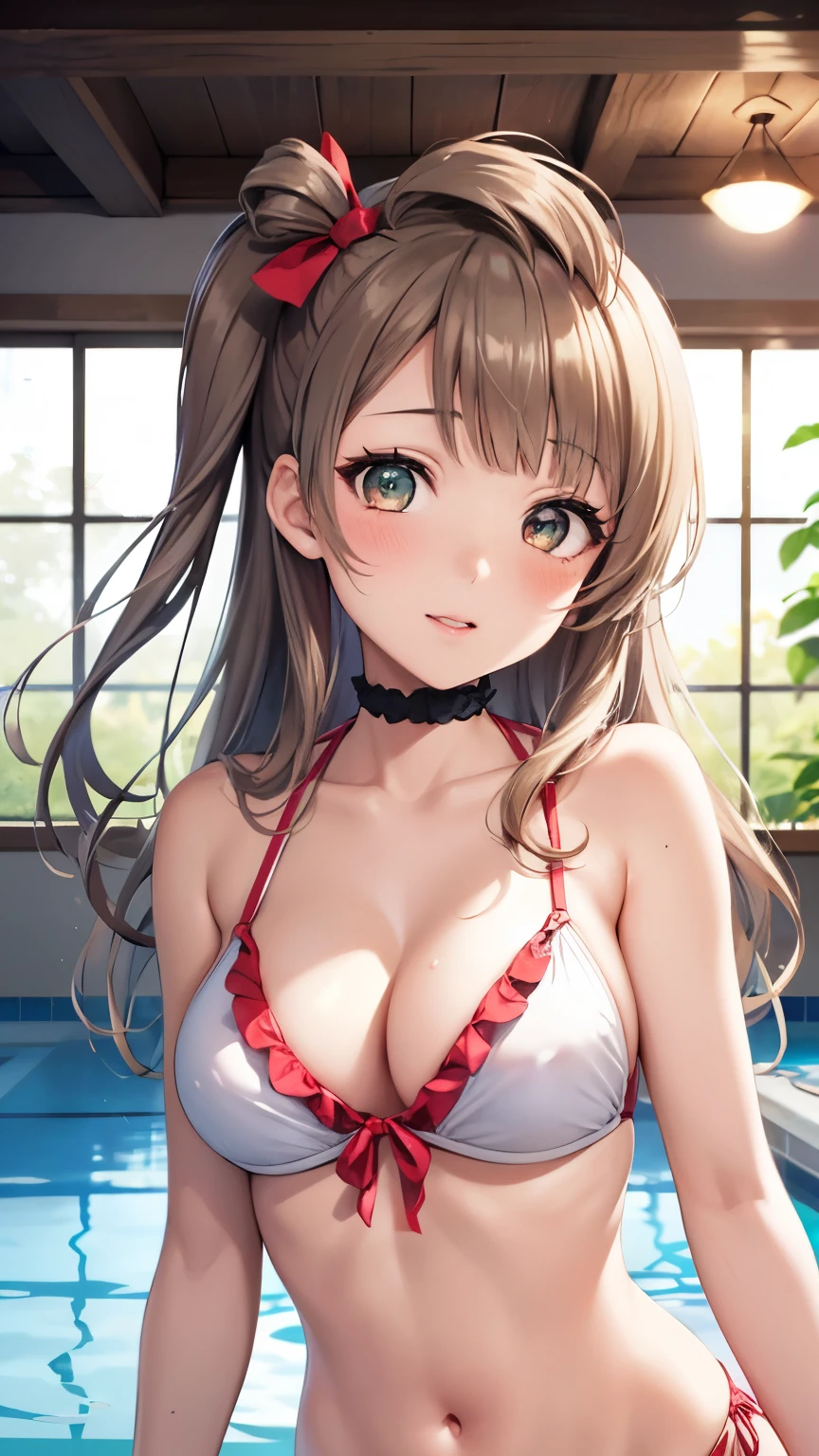 1girl, solo, Minami Kotori, One side up, Hair Ribbon, masterpiece, top quality, high resolution, unity 8k wall paper, illustration, detailed eyes, extra detailed face, Highly detailed CG, glossy lips, light makeup, blush, frilly bikini, collarbone, indoor pool