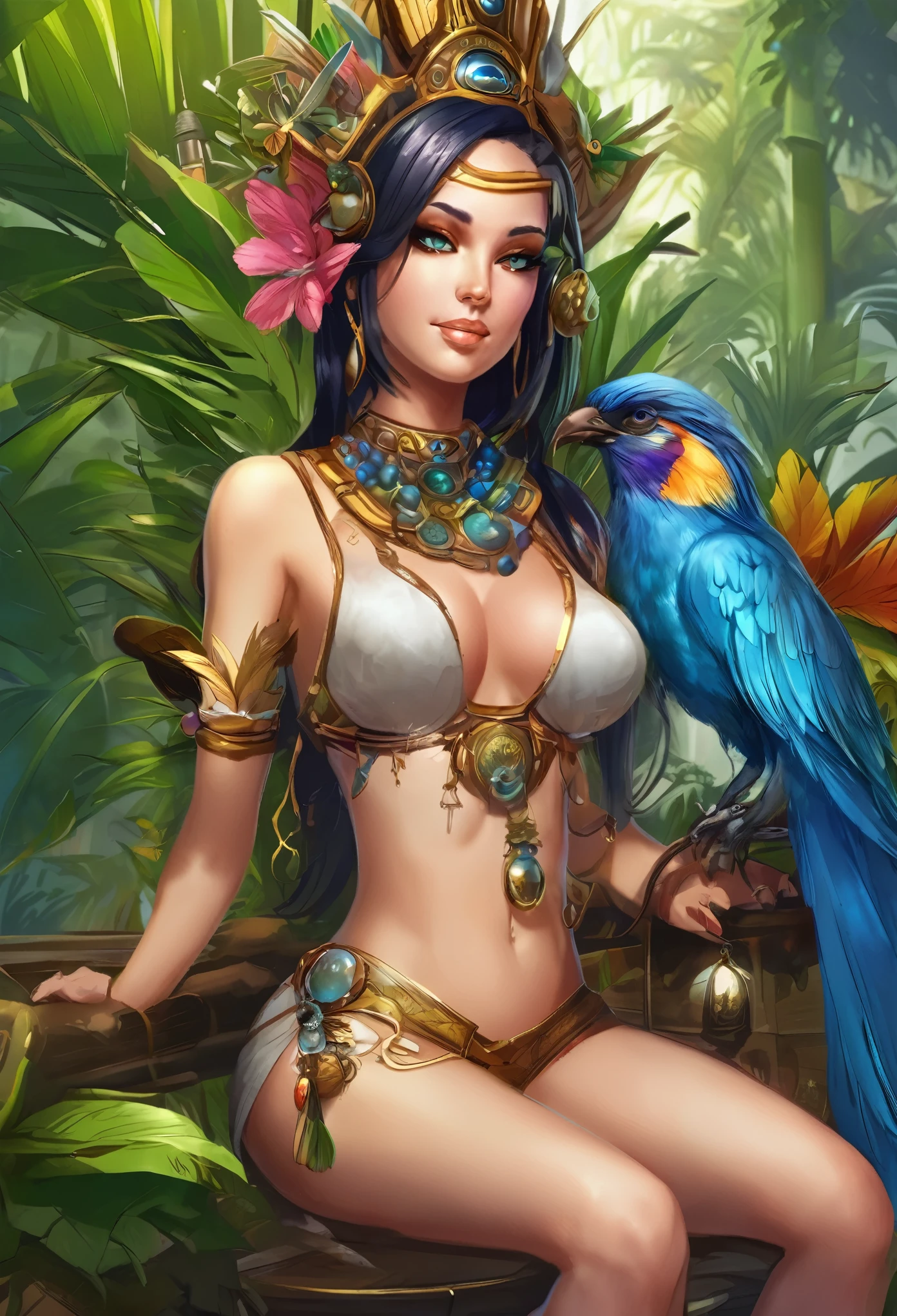 A lovely woman is part tropical bird, she has an amazing sexy figure, lovey detailed face with sharp features, over large eyes, patches of bright feathers. She is working as an alchemist (SFW) Show her entire body, set in an alchemy lab
