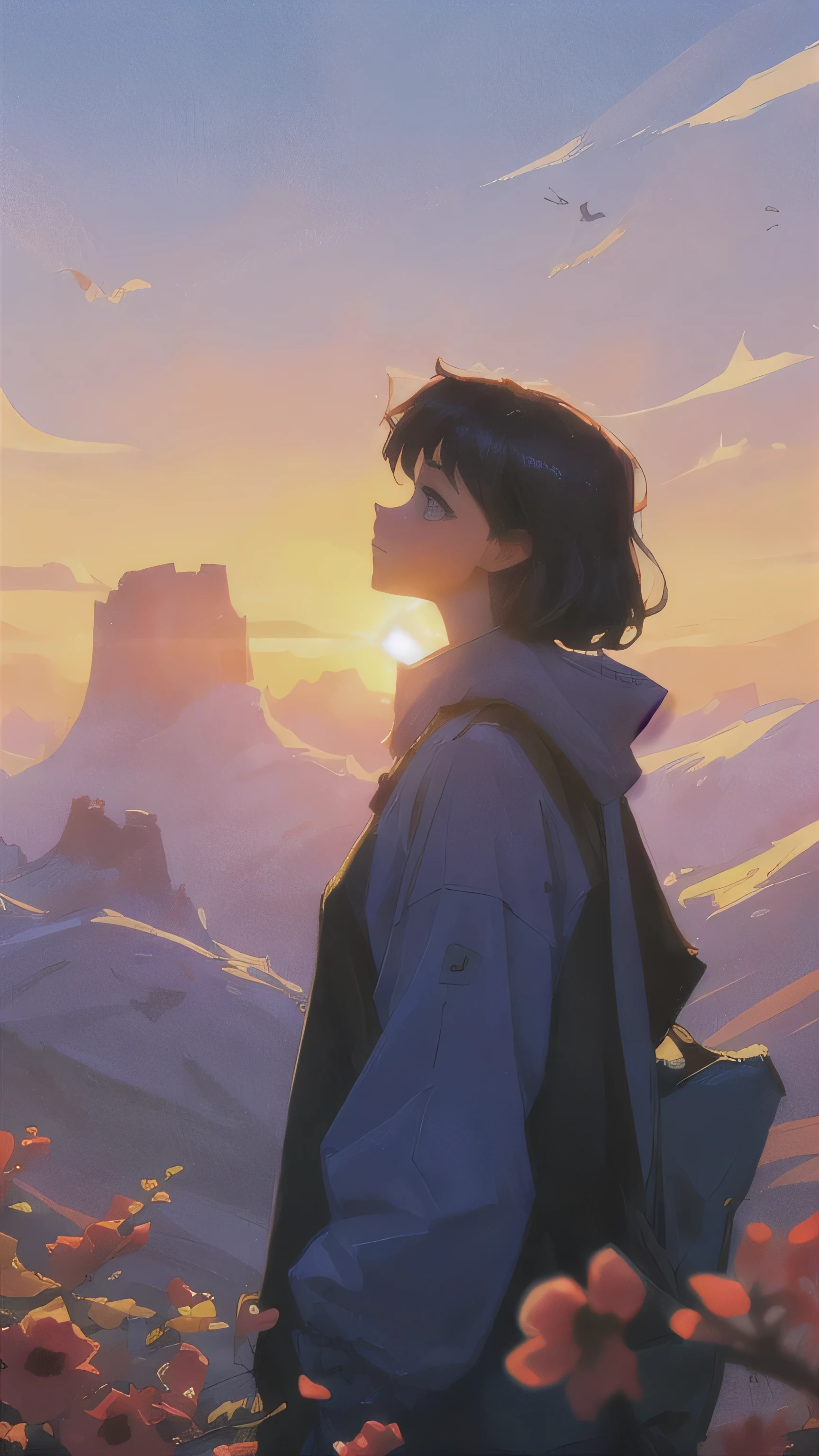 1girl siluet, landscape, masterpiece,gorgeous, horizont, sunset,magic, detailed clothes, artistic, purple, dust, mountain, best quality, ((no_humans)), colorful, reflections, fog, birds, deailed,intricate, nature, ancient, beasts, flowers,