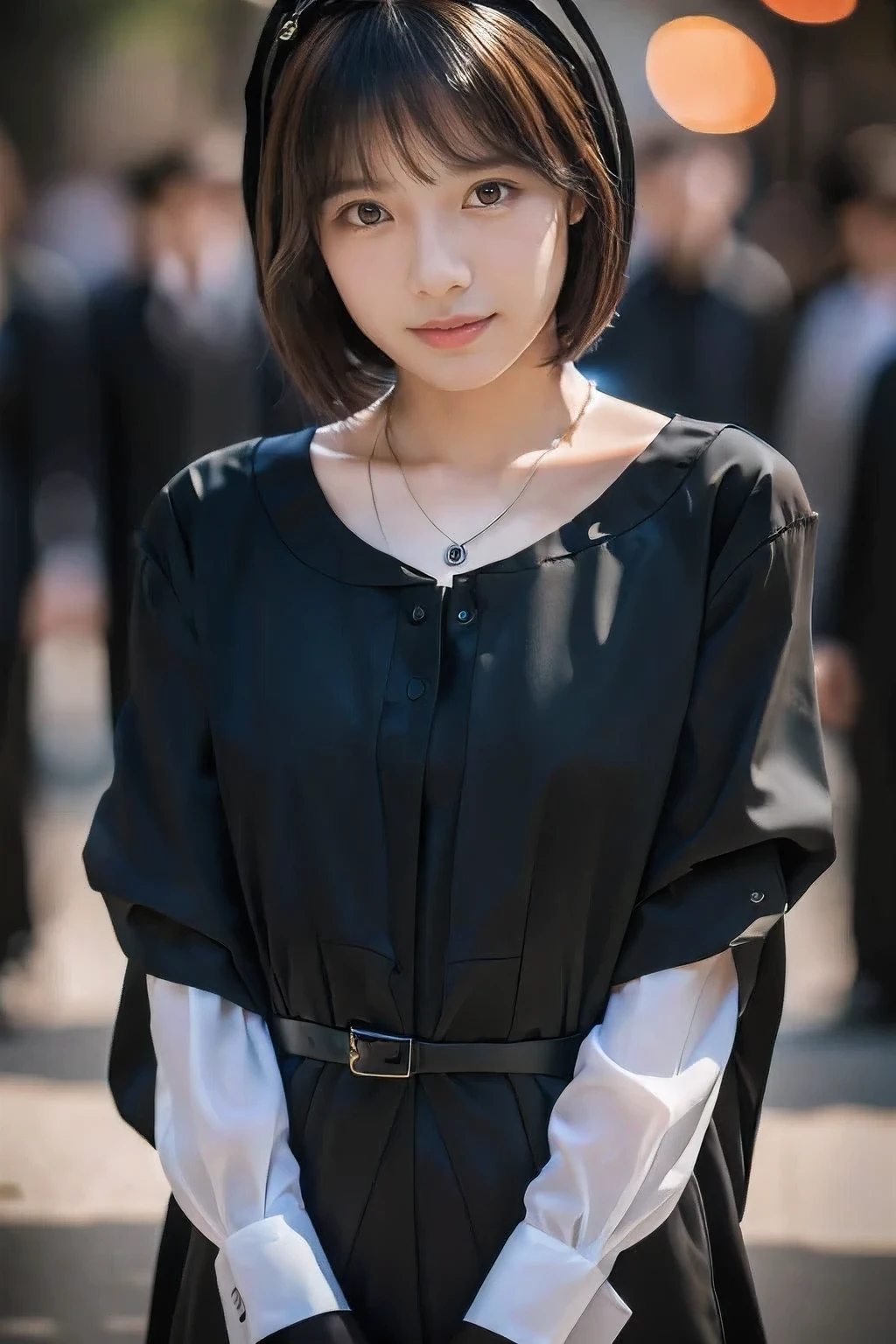 (At the funeral home、18-year-old female:1.5)、(Sad and crying face:1.2)、(The best quality at its best:1.4), (Super detailed), (Very detailed CG unified 16k), Beautiful woman with perfect figure: 1.4, Sharp focus: 1.2, Very detailed, High-quality RAW color photos, Professional photography, Great face and eyes, cosmetics, (Amazingly beautiful girl), ((All-black funeral attire:1.5)), Sexy posture,(View from below), Realistic movie faces, Wide zoomed out view of head to foot length, Full body long view, Realistic, ((Realistic natural orange red hairstyle, Realistic blue eyes)), ( Short Bob Hair:1.5), (necklace:1.5)、, Very beautiful face, Perfect model beauty, Mouth swelling, Highly detailed face and skin texture, Fine grain, double eyelid, Medium chest, smile, (masterpiece), highest quality, High resolution, Very detailed, Blurred Background, Depth of written boundary, Cinema Lighting, Great legs, , Clear, well-maintained skin,