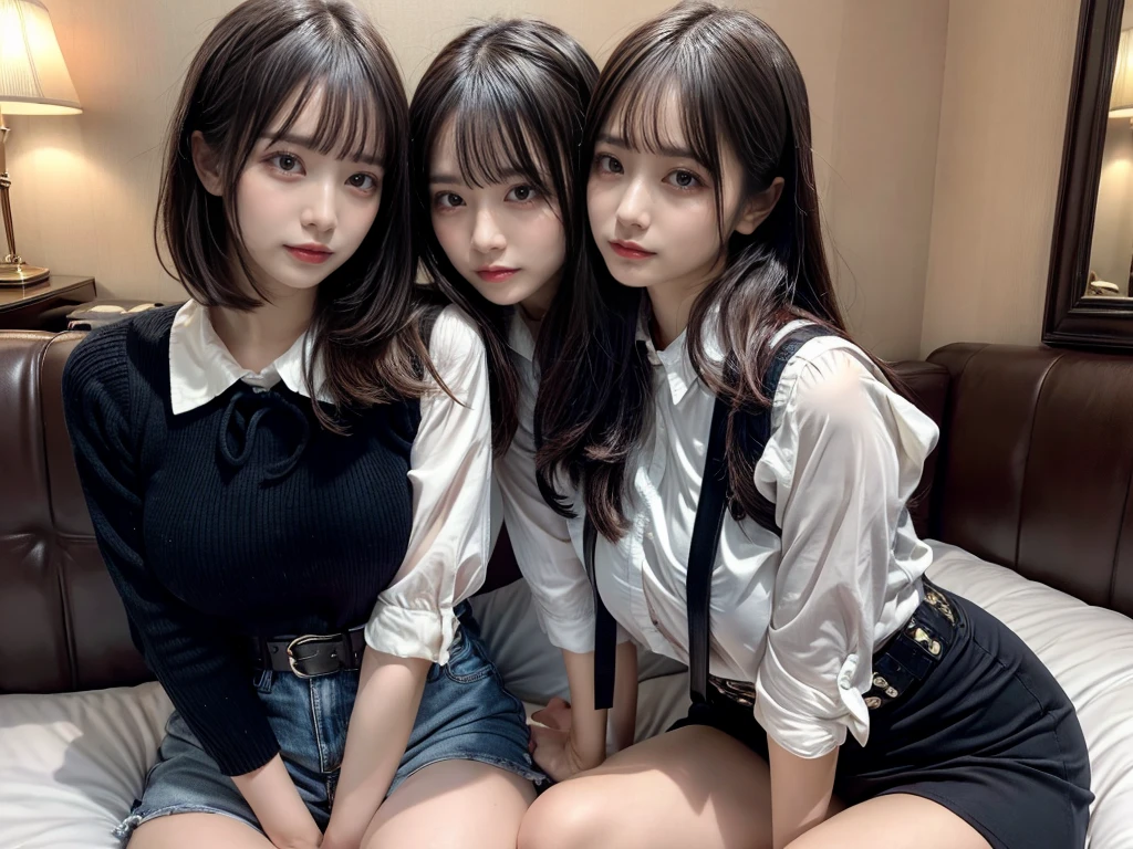 muste piece, best quality, illustration, Super detailed, fine details, High resolution, 8K,wall paper, perfect dynamic composition,(Details High quality, realistic depiction of eyes:1.3),((2 girls)), (Fashionable, a belt black suspenders, Aside Cutter Shirt, a miniskirt, garterbelts), short bob hair, large breasts, black hair color, Big Natural Color Lip, (perfect body shape), Touching each other's bodies,Touching the body of the girl next door,crying a little、cold gaze, Harajuku style、20 year old girl、beautiful legs, hotel room, Gravure Idol, Voluptuous thighs, (woman on top, straddling, sitting)