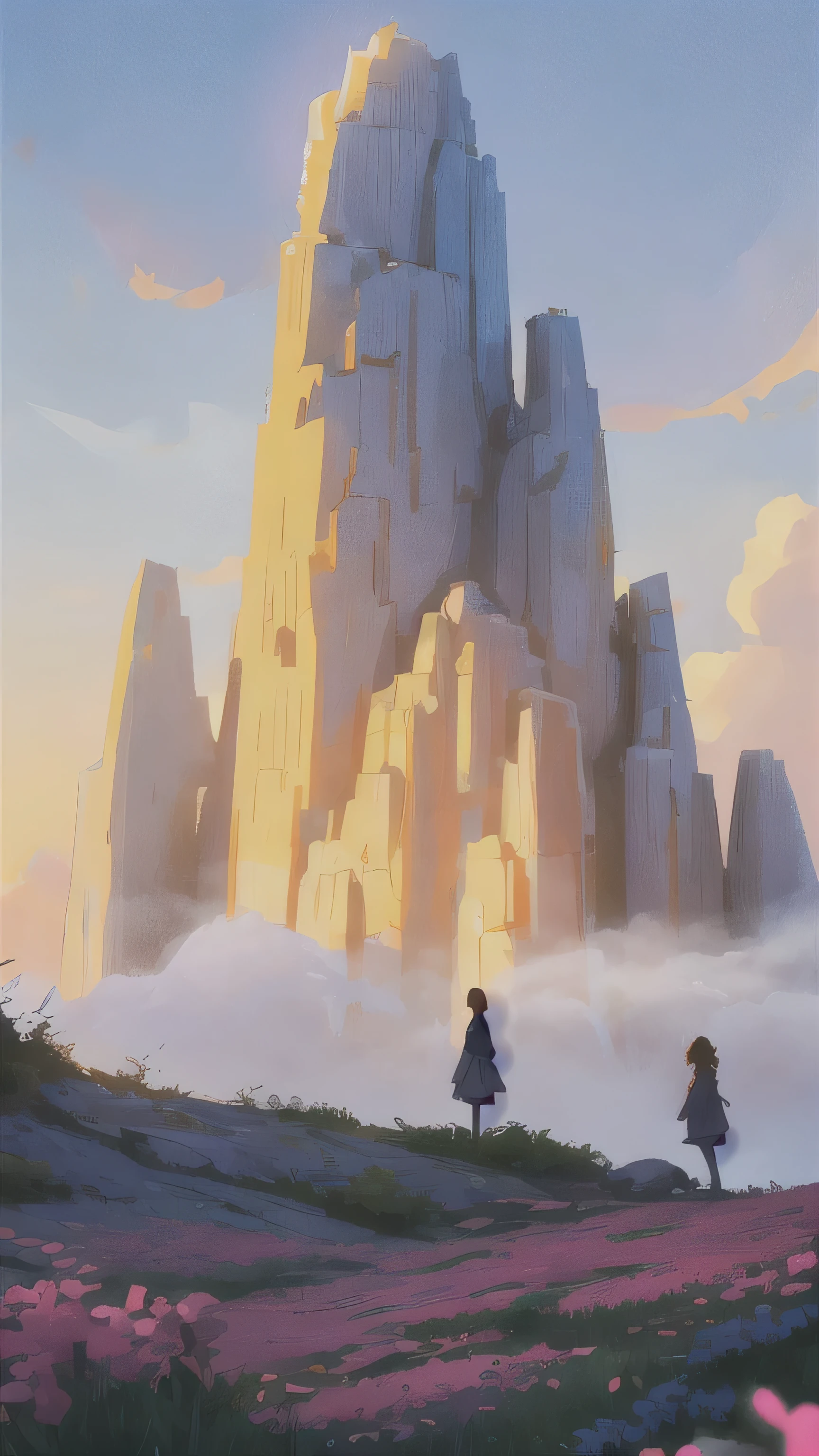 1girl siluet, landscape, masterpiece,gorgeous, horizont, sunset,magic, detailed clothes, artistic, purple, dust, mountain, best quality, ((no_humans)), colorful, reflections, fog, birds, deailed,intricate, nature, ancient, beasts, flowers,