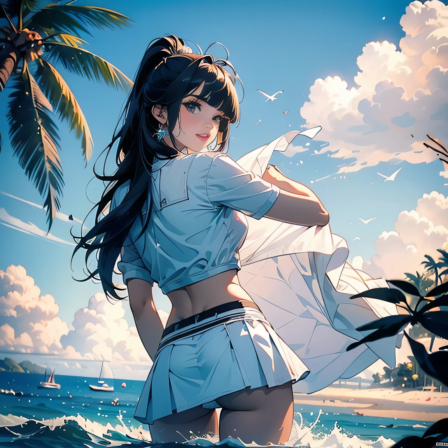 ((panty shot)),((lifting skirt)),((white panties focus)),Looking back,(low angle,from below),((masterpiece, highest resolution,best quality)),  (beautiful illustration), ((semi long beautiful black hair,blunt bangs,pony tail,beautiful eyes)),(solo),(elegant swimsuit, Japanese high ,sailor,mini skirt),(looking at the viewer), (bathing in the sea),(innocent cute laugh,teeth), (cinematic lighting),beach, sand, blue sky, waves, coconut tree,fish,boat,sea gull,