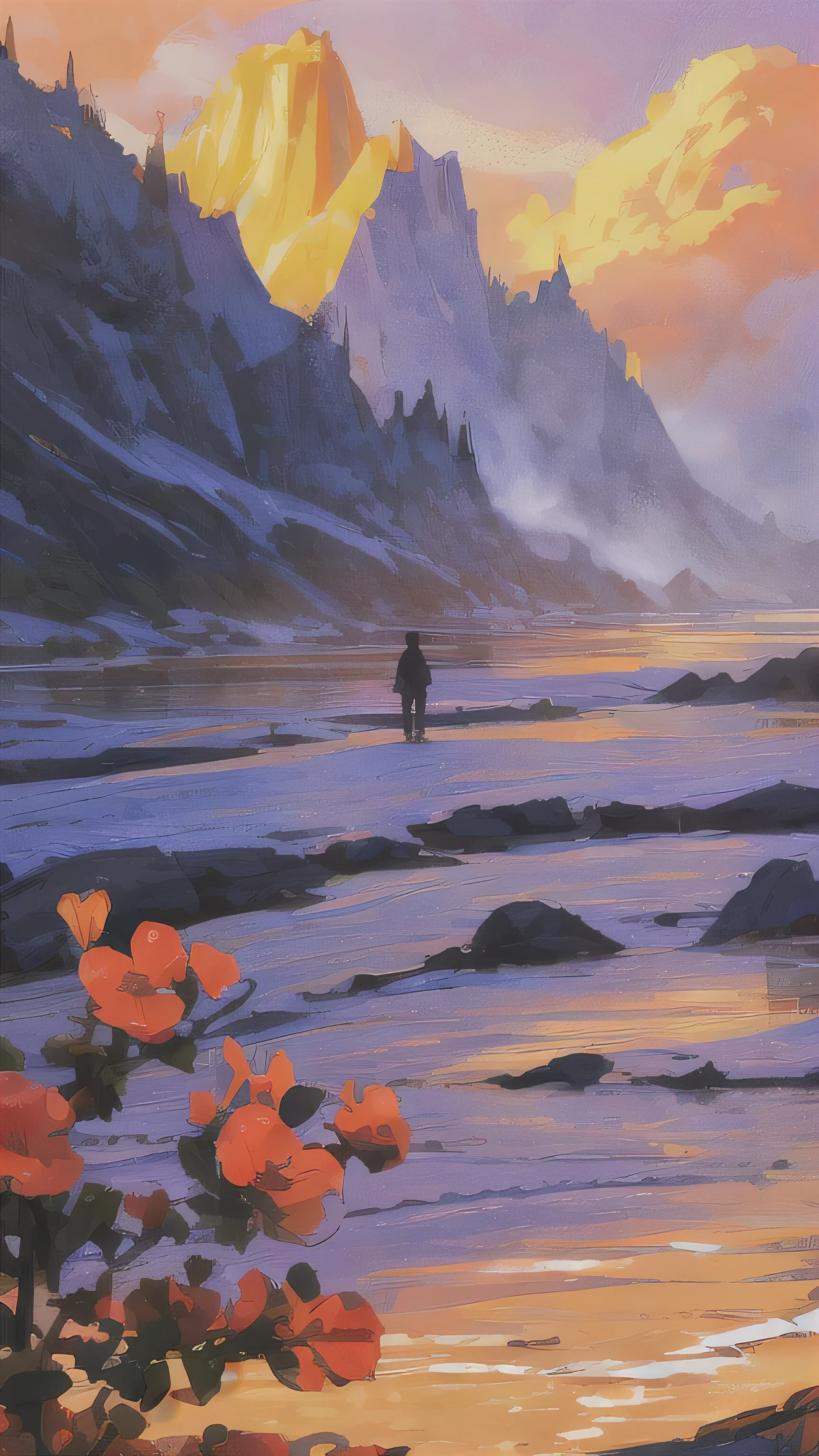1girl siluet, landscape, masterpiece,gorgeous,  horizont, sunset,magic, detailed clothes, artistic, purple, dust, mountain, best quality, ((no_humans)), colorful, reflections, fog, birds, deailed,intricate, nature, ancient, beasts, flowers,