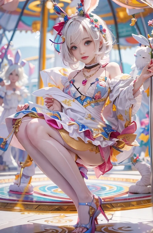 18-year-old, Wide-angle lens, Girl in a colorful clown costume、Woman enjoying merry-go-round at night,thin、Serious expression、Short-haired、Deadly position, Gorgeous Necklace, Light milky porcelain skin, Smooth, Translucent white skin, Enchanting anime girl, Beautiful and seductive anime woman, Super realistic sweet bunny ears girl, Pale porcelain white skin, Smooth, Realistic and perfect body, Anime Girl Cosplay, Perfect body with realistic shadows, Switzerland'masterpiece, There is a real white rabbit. Red eyes and blue eyes