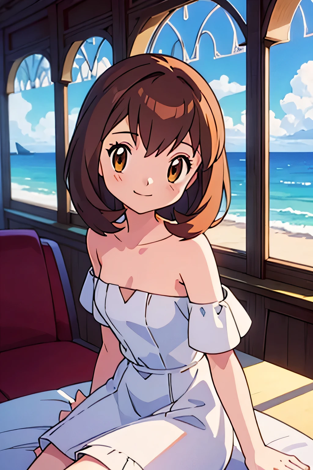 masterpiece, best quality, ultra-detailed, illustration, beautiful detailed eyes, very detailed illustration, cinematic lighting, 1 girl, solo, Pokemon Heroes (Bianca), Brown Hair, brown eyes, bare shoulders, strapless, off shoulders, white ruffle off the shoulder top, white maxi dress, intricate details, sharp focus, high resolution, sitting on the edge of the windowsill, The windowsill has an arched top and is divided into panes, with one side partially open, revealing a view of ocean and the beach view. anime style, ultra-detailed, hdr, far at the bottom, in the center, Close up, light smile