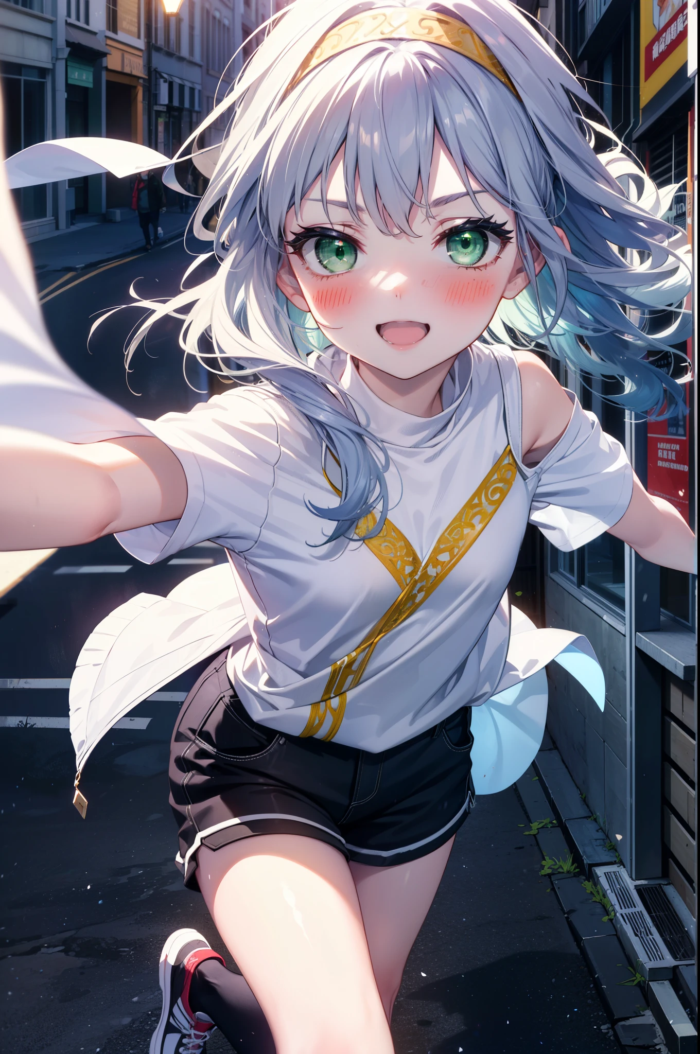 index, index, (Green Eyes:1.5), Silver Hair, Long Hair, (Flat Chest:1.2),happy smile, smile, Open your mouth,blush,hair band,Cordo shoulder top,Short sleeve,Shorts,Black tights,High-top sneakers,Daytime,Clear skies,whole bodyがイラストに入るように,Walking,
break looking at viewer, whole body,
break outdoors, In town,Building district,
break (masterpiece:1.2), highest quality, High resolution, unity 8k wallpaper, (figure:0.8), (Beautiful fine details:1.6), Highly detailed face, Perfect lighting, Highly detailed CG, (Perfect hands, Perfect Anatomy),