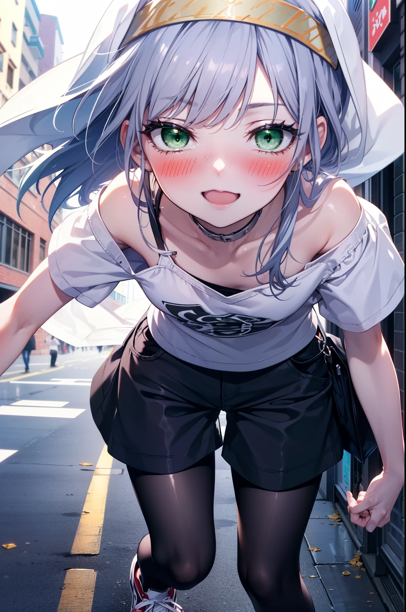 index, index, (Green Eyes:1.5), Silver Hair, Long Hair, (Flat Chest:1.2),happy smile, smile, Open your mouth,blush,hair band,Cordo shoulder top,Short sleeve,Shorts,Black tights,High-top sneakers,Daytime,Clear skies,whole bodyがイラストに入るように,Walking,
break looking at viewer, whole body,
break outdoors, In town,Building district,
break (masterpiece:1.2), highest quality, High resolution, unity 8k wallpaper, (figure:0.8), (Beautiful fine details:1.6), Highly detailed face, Perfect lighting, Highly detailed CG, (Perfect hands, Perfect Anatomy),