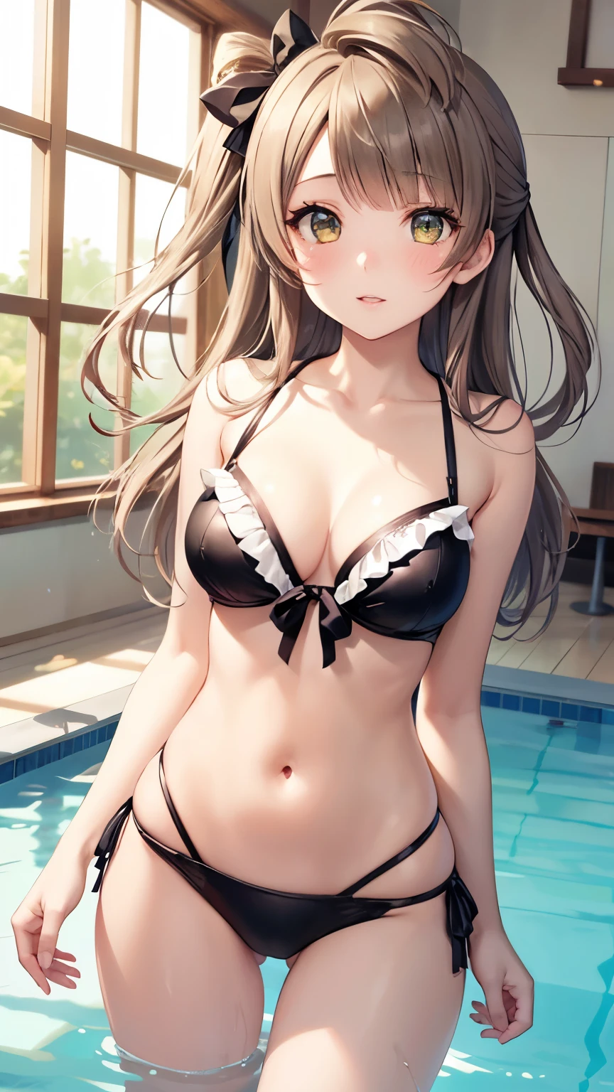 1girl, solo, Minami Kotori, One side up, Hair Ribbon, masterpiece, top quality, high resolution, unity 8k wall paper, illustration, detailed eyes, extra detailed face, Highly detailed CG, glossy lips, light makeup, blush, frilly bikini, collarbone, indoor pool, cowboy shot