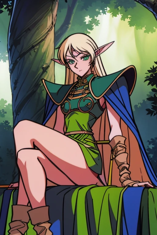 1girl,solo,green eyes,eyelashes,tall,long blonde hair,shiny hair,shiny pupils,shiny skin,detailed lighting,sunset,forest,nature,woods,looking at viewer,expressive eyes,she holds a sword,sitting,crossed legs,brown boots,cape,((lineart)),((detailed pupils)),elf ears,toned,very beautiful ,smiling ,mouth closed ,calves,crossed ankles,