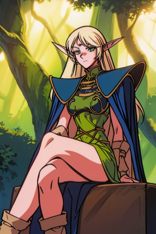 1girl,solo,green eyes,eyelashes,tall,long blonde hair,shiny hair,shiny pupils,shiny skin,detailed lighting,sunset,forest,nature,woods,looking at viewer,expressive eyes,she holds a sword,sitting,crossed legs,brown boots,cape,((lineart)),((detailed pupils)),elf ears,toned,very beautiful ,smiling ,mouth closed ,calves,crossed ankles,