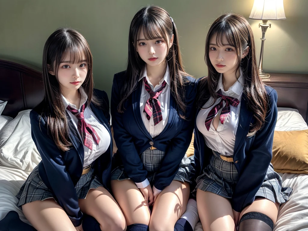 (8K, Raw photography, top-quality, masterpiece:1.2), master piece, best quality, illustration, Super detailed, fine details, High resolution, 8K,wall paper, perfect dynamic composition,(Details High quality, realistic depiction of eyes:1.3), ((2 girls, 2 schoolgirls)), The background is a luxury hotel room、High school girl uniform、blazer 、Super Short Check Uniform Skirt、Navy blue high socks、garterbelts、Colossal tits、Disturbed uniform, Play with each other,Touching each other's bodies,Touching the body of the girl next door, short bob hair, black hair color, huge breasts, Big Natural Color Lip, bold sexy pose, (perfect body shape), crying a little、cold gaze, Beautiful makeup,glitter makeup,Cutest 18 years old, beautiful legs, hposing Gravure Idol, Voluptuous thighs