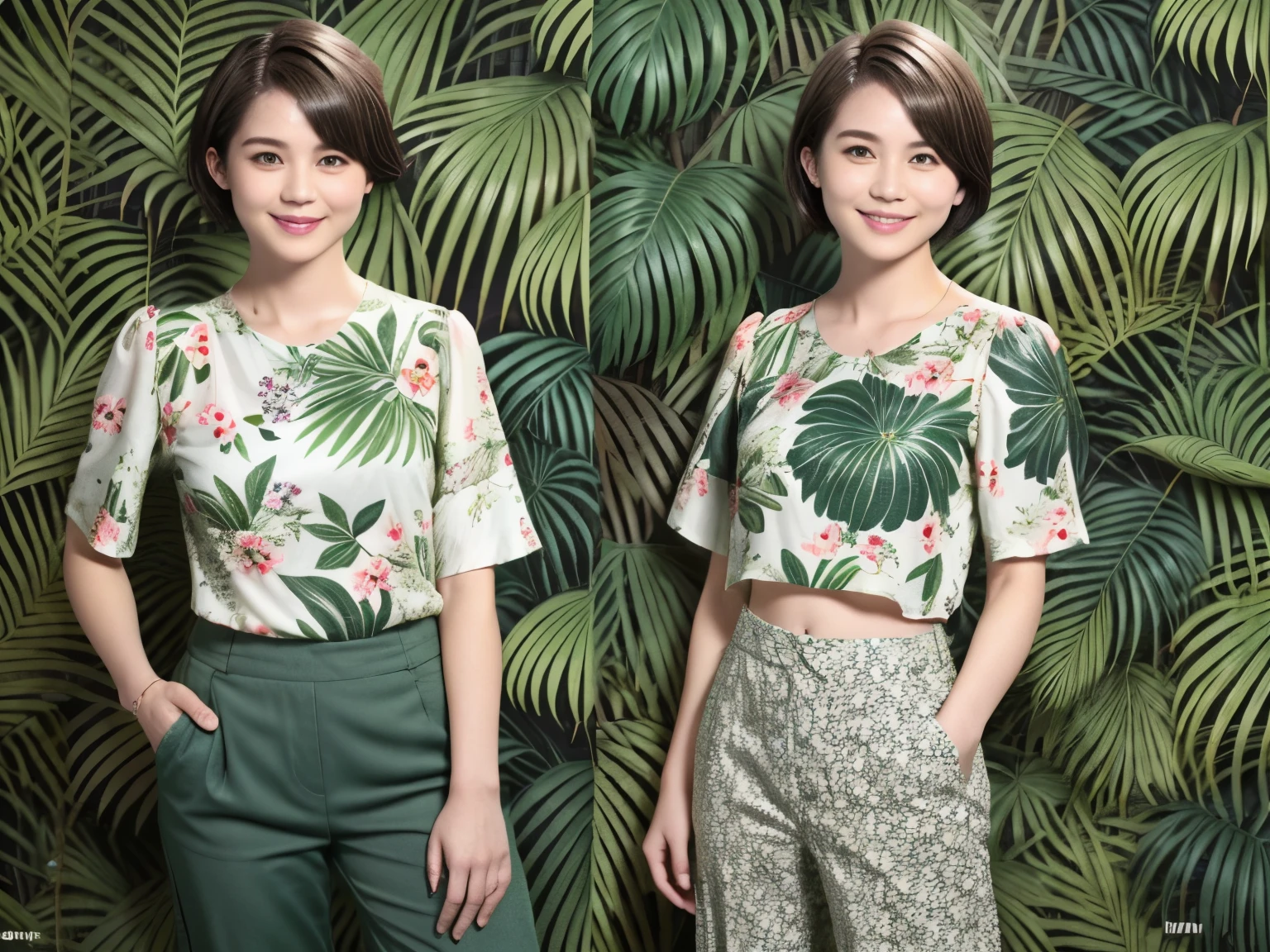 231 (18-year-old female,Floral clothes), ((short hair:1.46)), (Pants Style), (A kind smile), (Jungle Pattern)