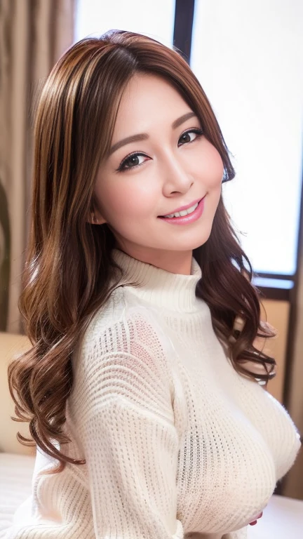 最high quality, 8k, Vibrant, Sharp focus, high quality, High resolution, Middle-aged women, Mature Woman, 49 years old, (Esbian all over), (Facial details in high heels, Highly detailed eyes, Thick lips, Plump figure、Plump face、((Big Tits 1.6))、Big Ass、((In a white knit sweater))、View from a love hotel room、Random hairstyle、A kind smile、