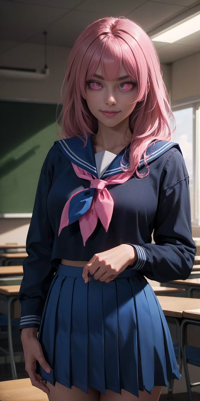 uruseiyatsuraran, ran, long hair, bangs, pink hair, bow, hair bow, red bow, (pink eyes:1.5), smile, BREAK shirt, long sleeves, school uniform, serafuku, sailor collar, neckerchief, yellow neckerchief, shirt, blue shirt, blue sailor collar, (blue skirt:1.5), BREAK indoors, classroom, BREAK looking at viewer, (cowboy shot:1.5), BREAK (masterpiece:1.2), best quality, high resolution, unity 8k wallpaper, (illustration:0.8), (beautiful detailed eyes:1.6), extremely detailed face, perfect lighting, extremely detailed CG, (perfect hands, perfect anatomy)