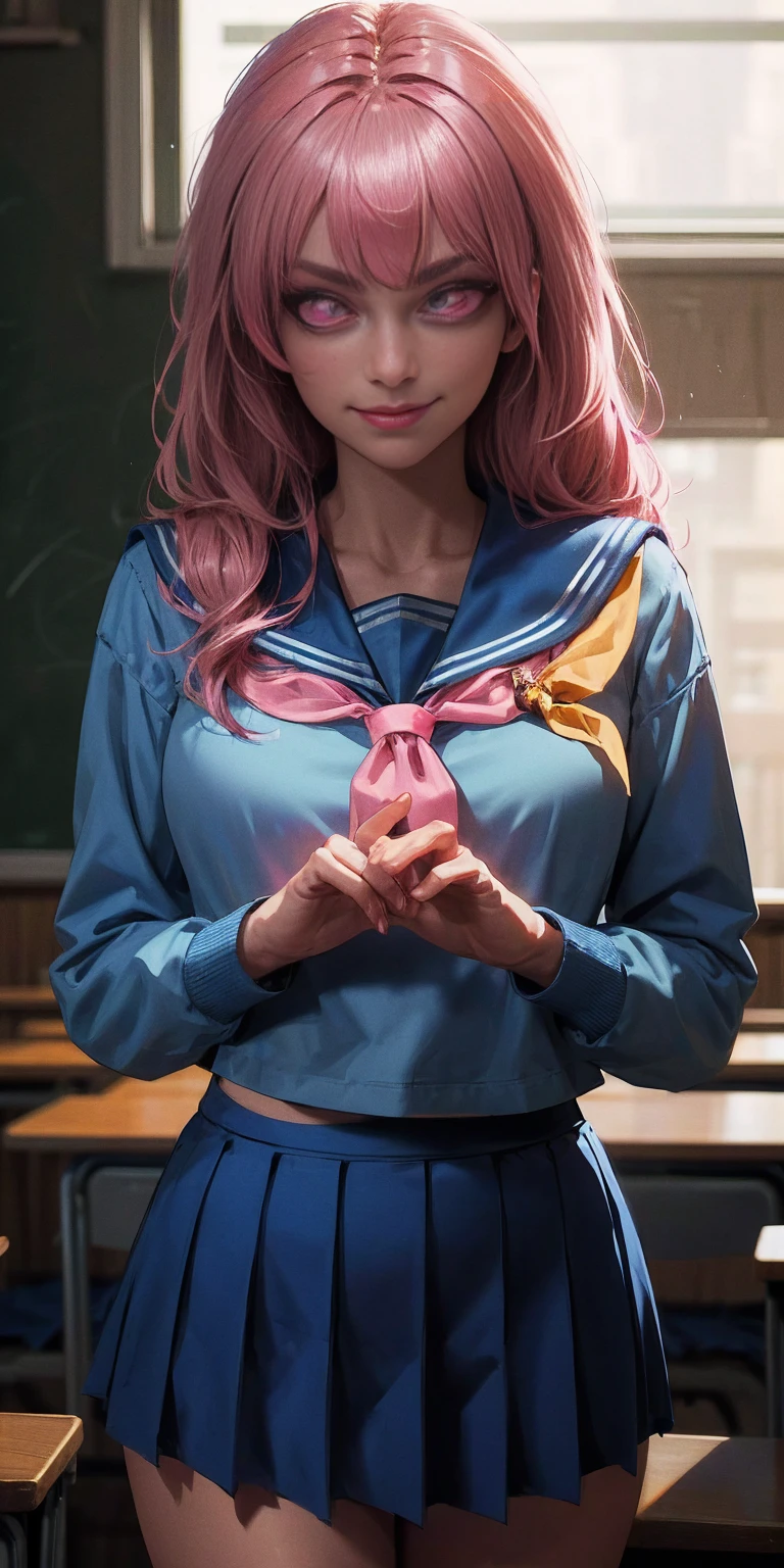 uruseiyatsuraran, ran, long hair, bangs, pink hair, bow, hair bow, red bow, (pink eyes:1.5), smile, BREAK shirt, long sleeves, school uniform, serafuku, sailor collar, neckerchief, yellow neckerchief, shirt, blue shirt, blue sailor collar, (blue skirt:1.5), BREAK indoors, classroom, BREAK looking at viewer, (cowboy shot:1.5), BREAK (masterpiece:1.2), best quality, high resolution, unity 8k wallpaper, (illustration:0.8), (beautiful detailed eyes:1.6), extremely detailed face, perfect lighting, extremely detailed CG, (perfect hands, perfect anatomy)