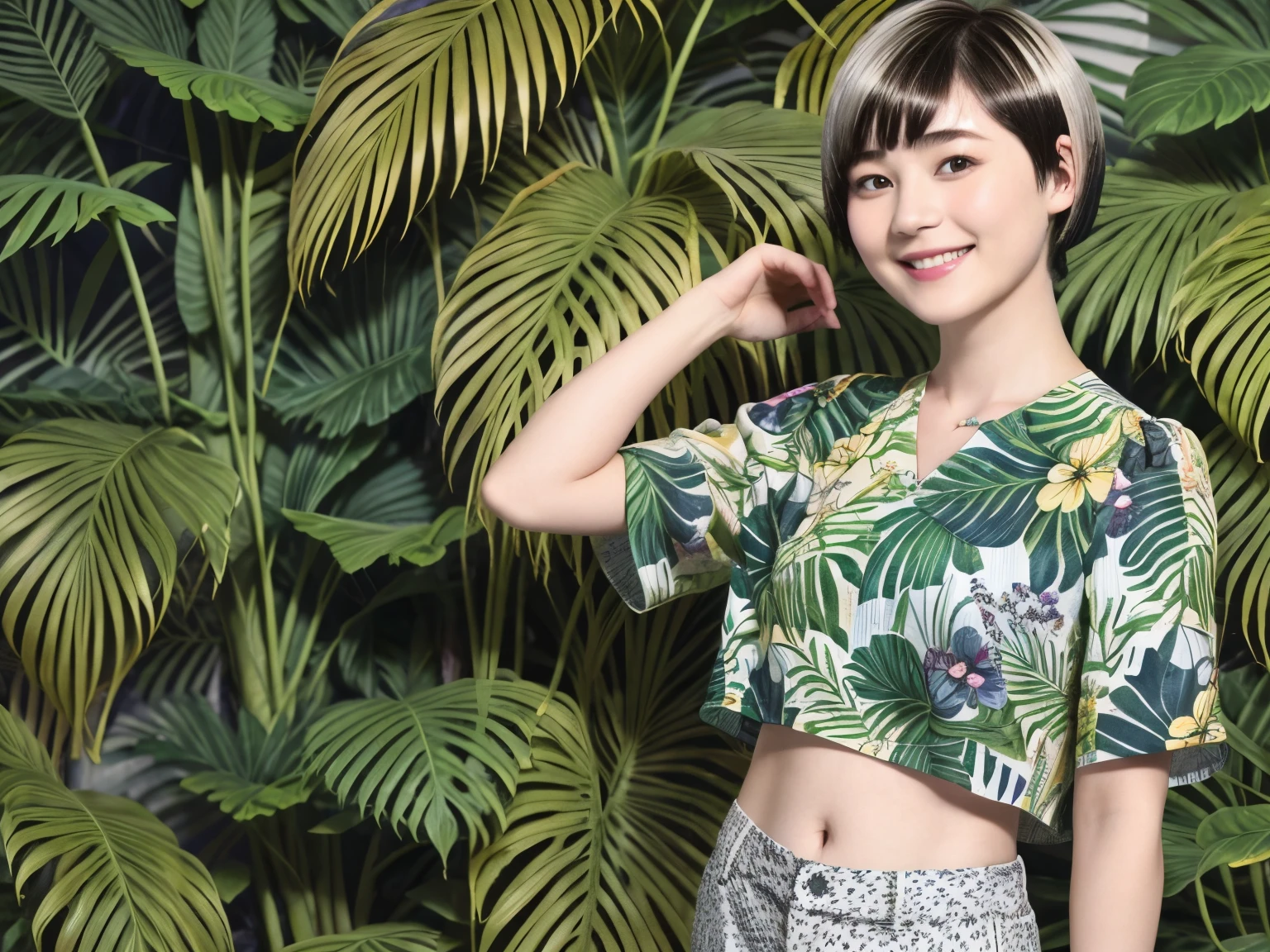 231 (18-year-old female,Floral clothes), ((short hair:1.46)), (Pants Style), (A kind smile), (Jungle Pattern)