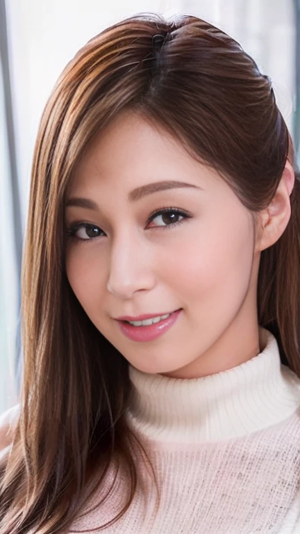 最high quality, 8k, Vibrant, Sharp focus, high quality, High resolution, Middle-aged women, Mature Woman, 49 years old, (Esbian all over), (Facial details in high heels, Highly detailed eyes, Thick lips, Plump figure、Plump face、((Big Tits 1.6))、Big Ass、((In a white knit sweater))、View from a love hotel room、Random hairstyle、A kind smile、