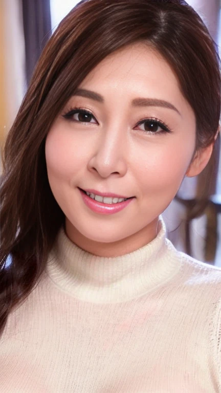 最high quality, 8k, Vibrant, Sharp focus, high quality, High resolution, Middle-aged women, Mature Woman, 49 years old, (Esbian all over), (Facial details in high heels, Highly detailed eyes, Thick lips, Plump figure、Plump face、((Big Tits 1.6))、Big Ass、((In a white knit sweater))、View from a love hotel room、Random hairstyle、A kind smile、