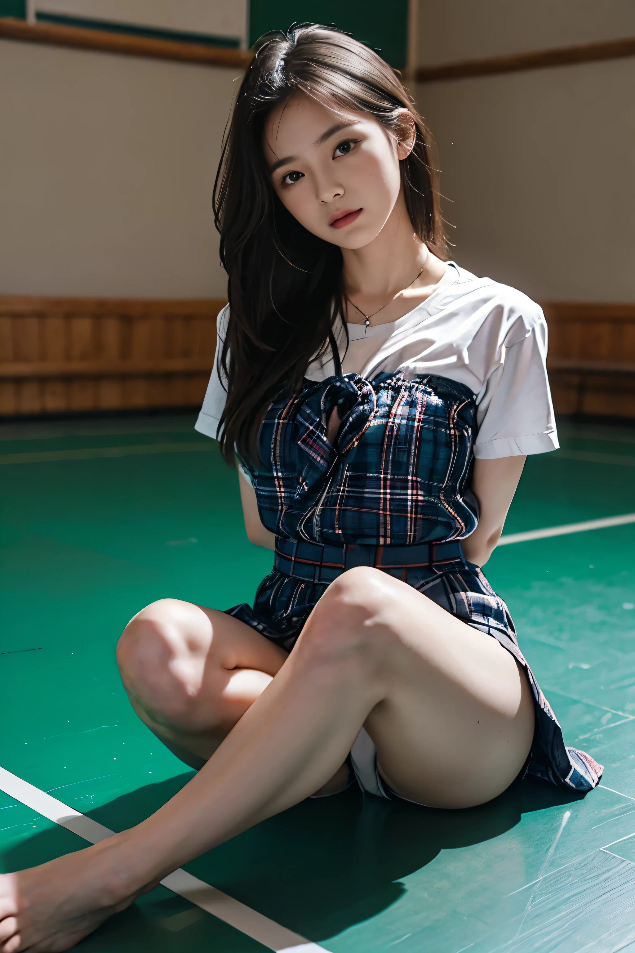 8k, Raw photo, highest quality, masterpiece:1.2), masterpiece, highest quality, figure, Very detailed, Fine details, High resolution, 8k,wallpaper, Perfect dynamic composition,(Detailed high quality, Realistic depiction of eyes:1.3)、A woman who has been and has her hands tied、Arms wrapped around his back, hands tie behind back, Sitting on a bright gym floor with feet together and knees bent in front of each other、With legs wide open、Tartan plaid pleated skirt、whole body、White panties、The whole thing faces forward、21talent、Beauty、Well-formed face、Make your eyes even、Beautiful black hair、Has bangedium build、Well-balanced proportions、Beautiful legs、Short sleeve blouse、Fresh face、Beautiful scenery、
