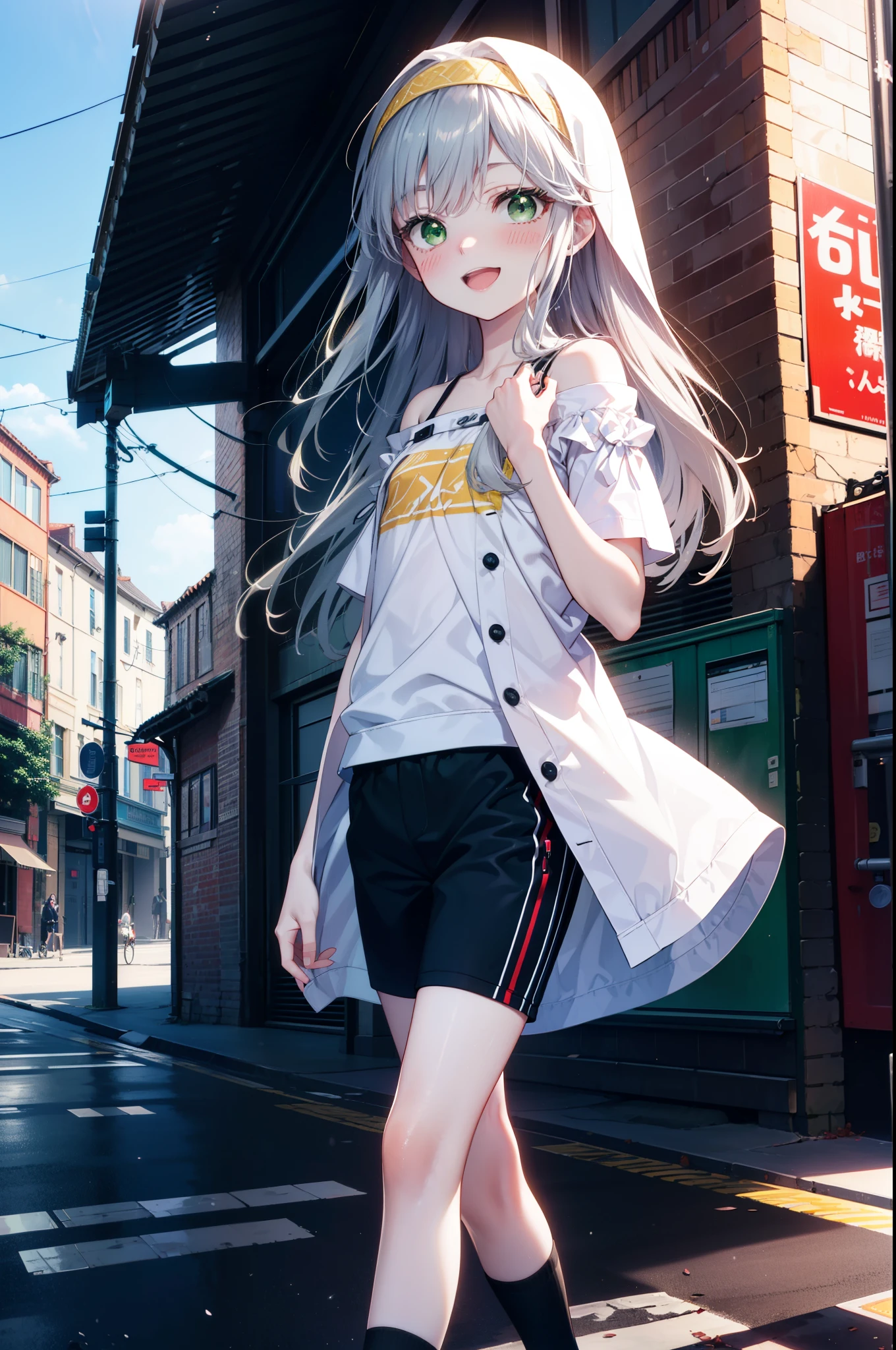 index, index, (Green Eyes:1.5), Silver Hair, Long Hair, (Flat Chest:1.2),happy smile, smile, Open your mouth,blush,hair band,Cordo shoulder top,Short sleeve,Shorts,Black tights,High-top sneakers,Daytime,Clear skies,whole bodyがイラストに入るように,Walking,
break looking at viewer, whole body,
break outdoors, In town,Building district,
break (masterpiece:1.2), highest quality, High resolution, unity 8k wallpaper, (figure:0.8), (Beautiful fine details:1.6), Highly detailed face, Perfect lighting, Highly detailed CG, (Perfect hands, Perfect Anatomy),